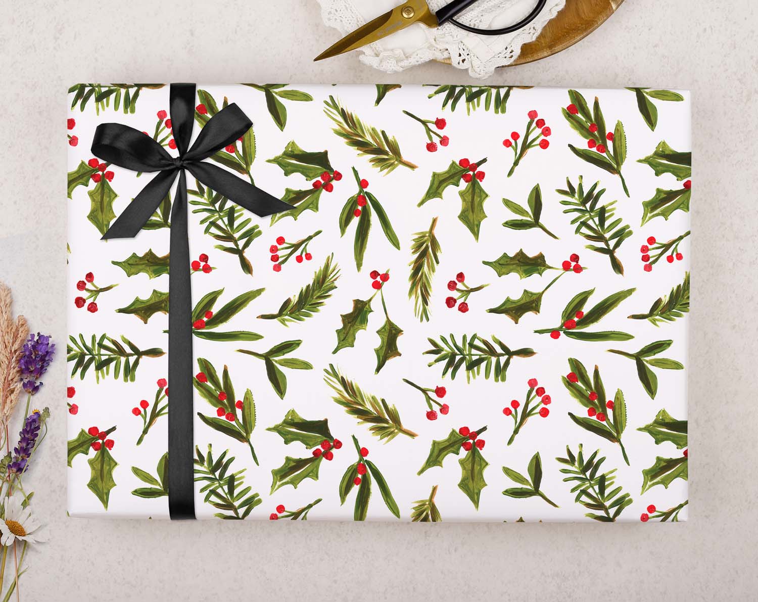 Mistletoe & Holly Christmas Wrapping Paper designed by Making Meadows