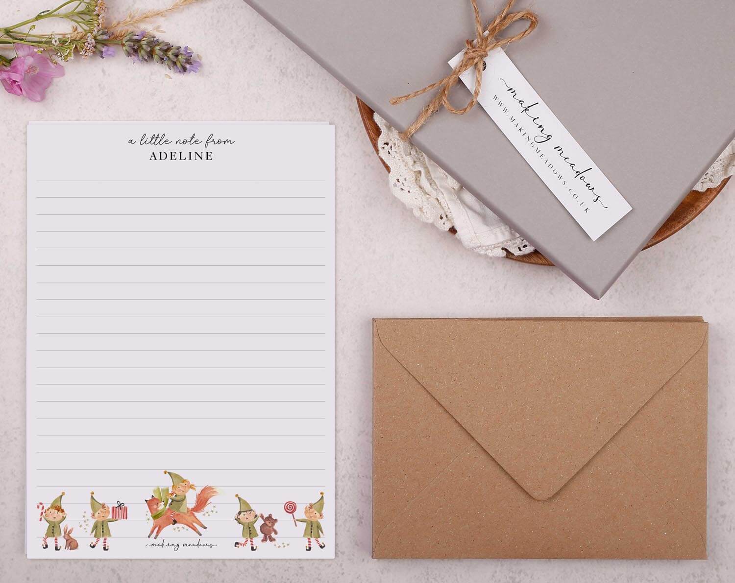 Personalised A5 writing paper with Christmas Elf & Fox. Stationery designed by Making Meadows