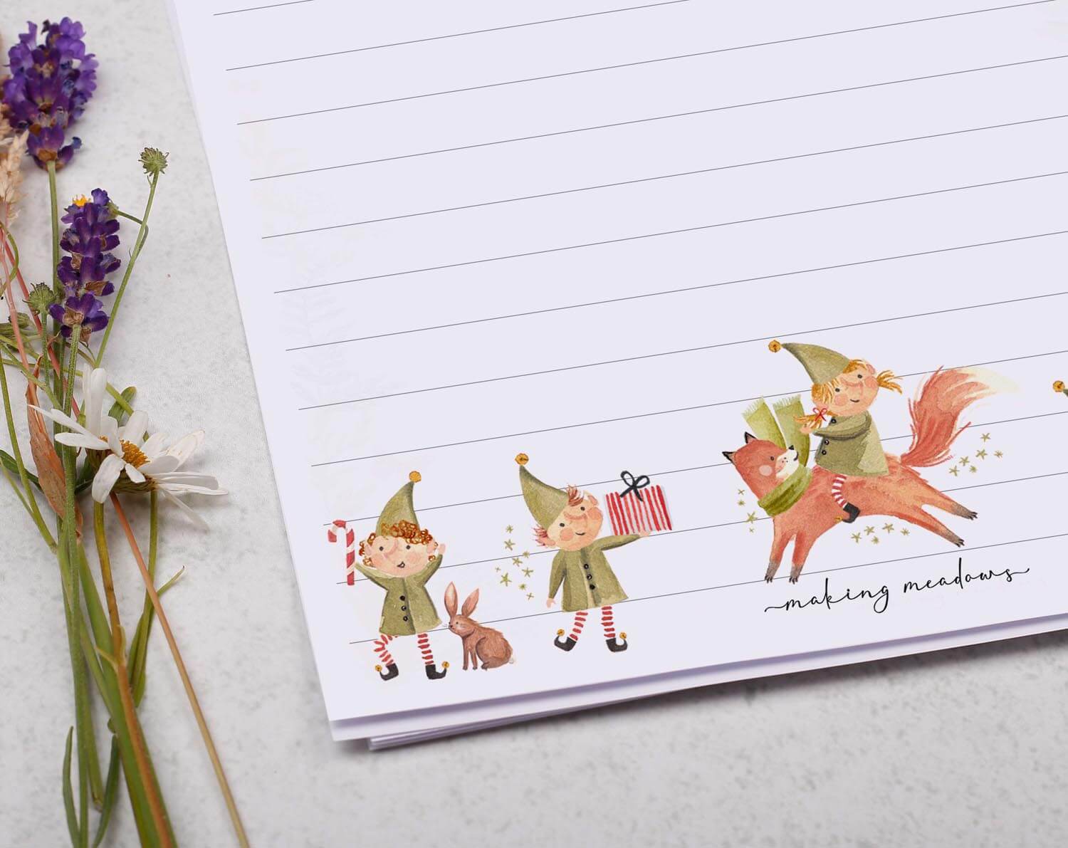 Personalised A5 writing paper with Christmas Elf & Fox. Stationery designed by Making Meadows