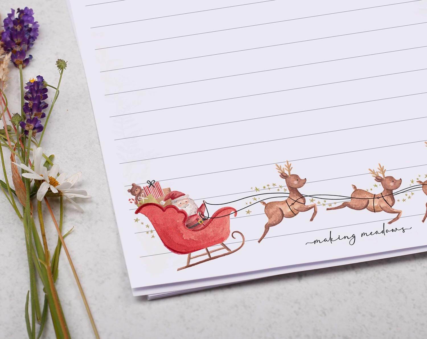 Personalised A5 writing paper with Christmas Santa Sleigh. Stationery designed by Making Meadows