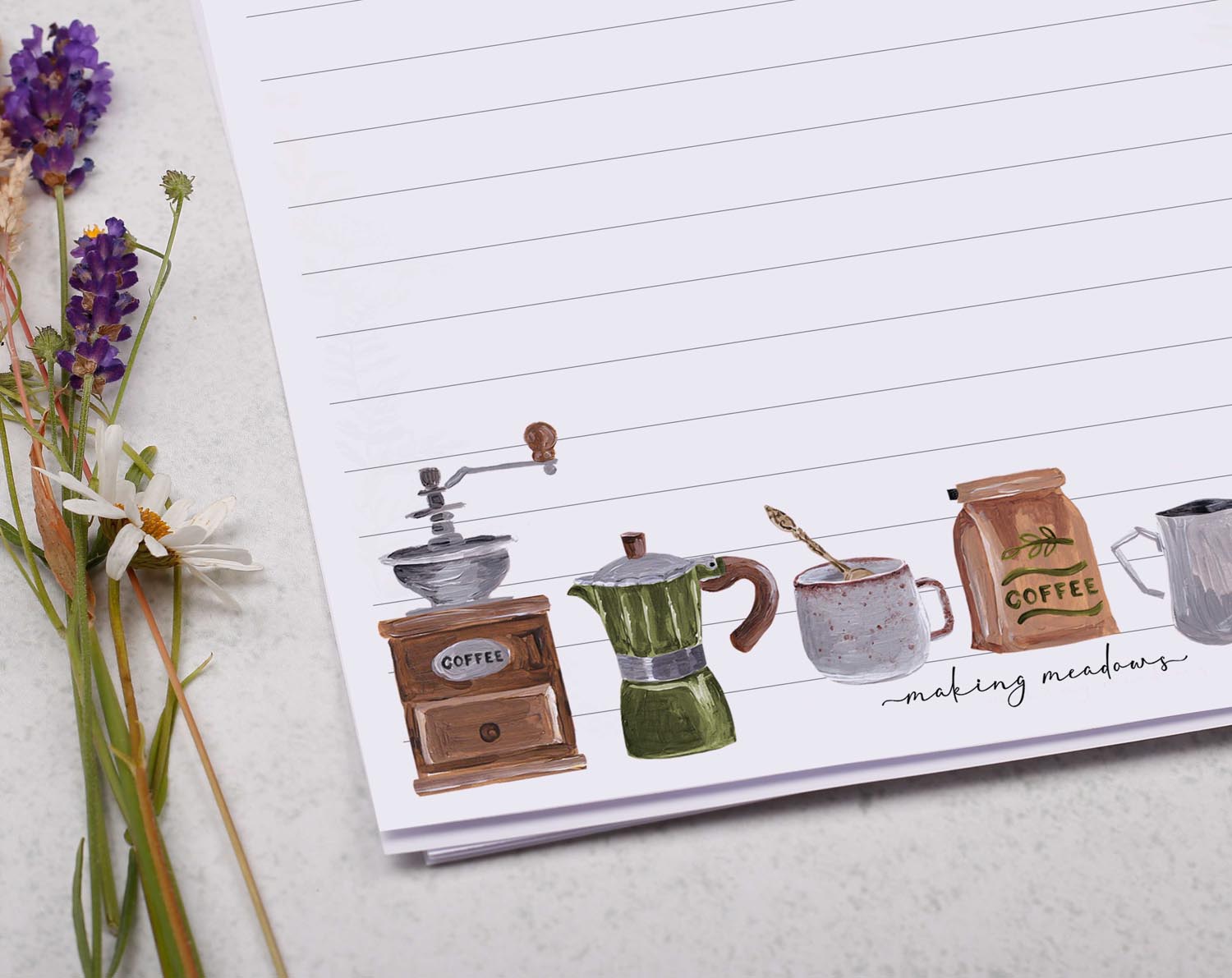 Personalised A5 writing paper with Coffee. Stationery designed by Making Meadows