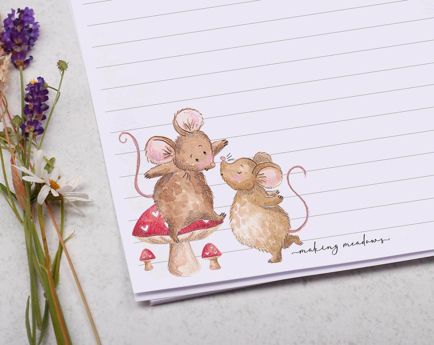 Personalised A5 writing paper with Mice On Mushroom. Stationery designed by Making Meadows