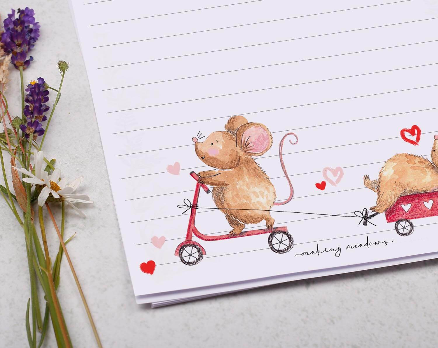 Personalised A5 writing paper with Mice & Scooter. Stationery designed by Making Meadows