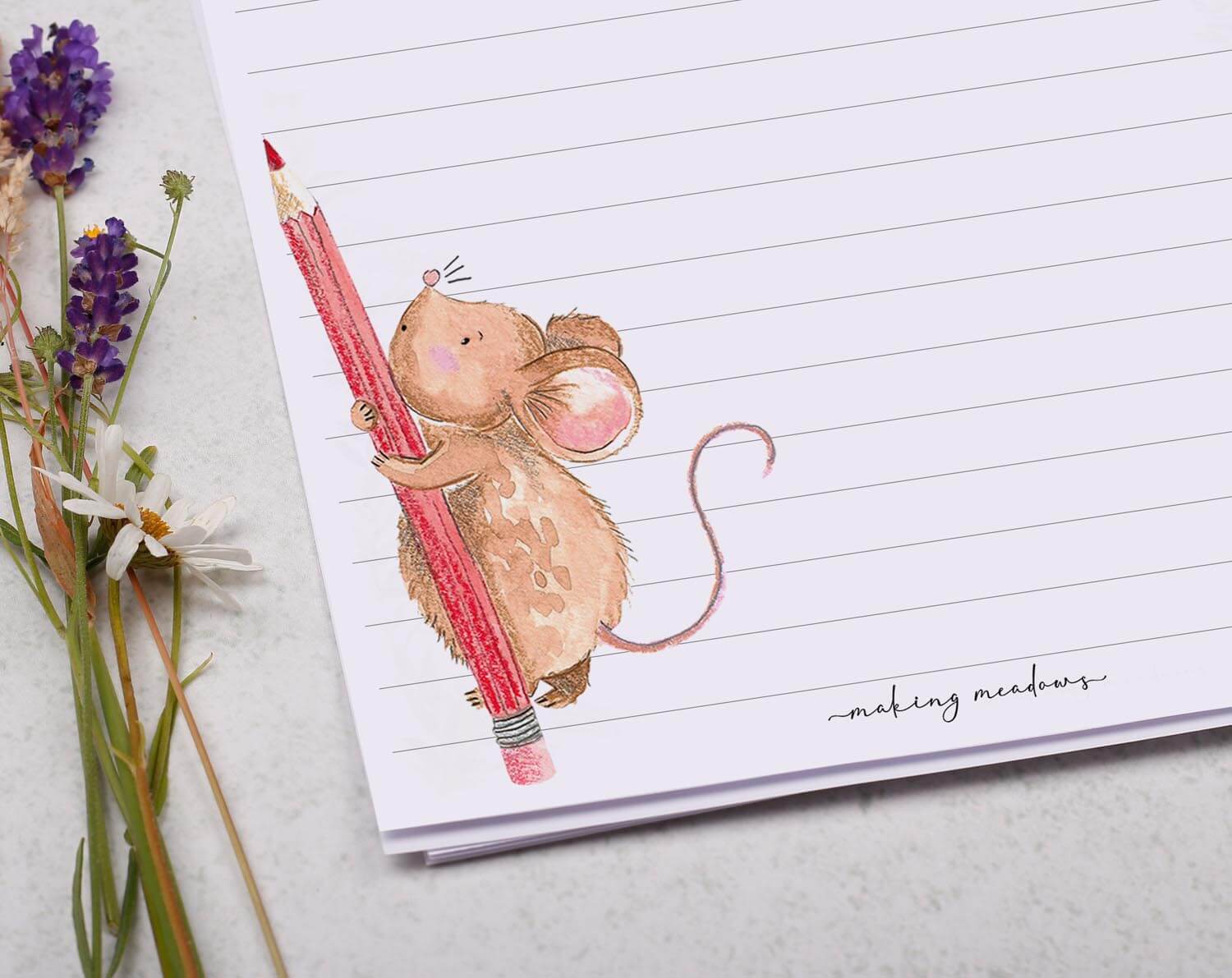 Personalised A5 writing paper with Mouse & Pencil. Stationery designed by Making Meadows