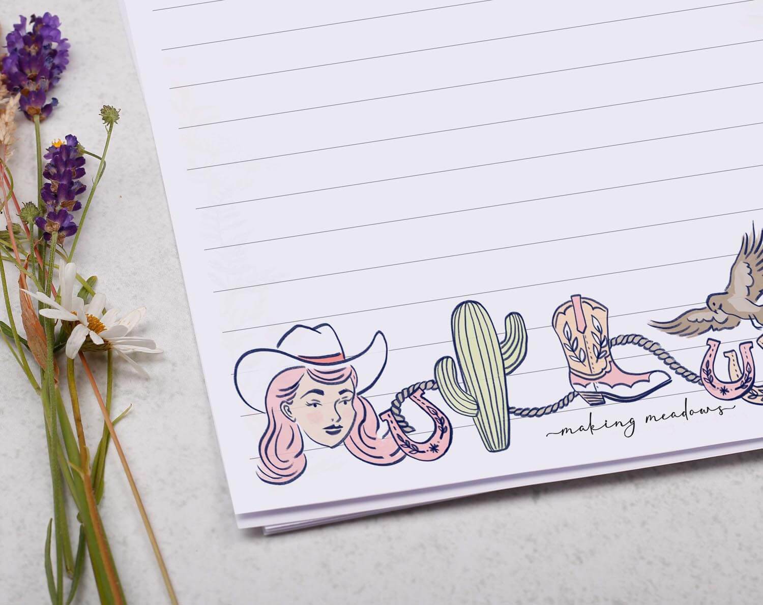 Personalised A5 writing paper with Rodeo Cowgirl. Stationery designed by Making Meadows