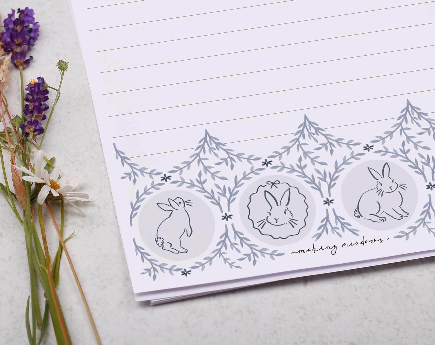Personalised A5 writing paper with Victorian Rabbit Design. Stationery designed by Making Meadows