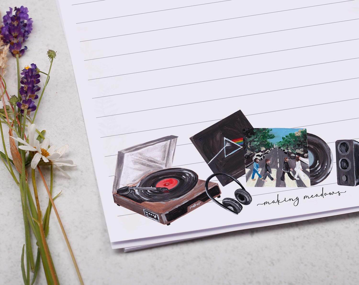 Personalised A5 writing paper with Vinyl Record Player. Stationery designed by Making Meadows