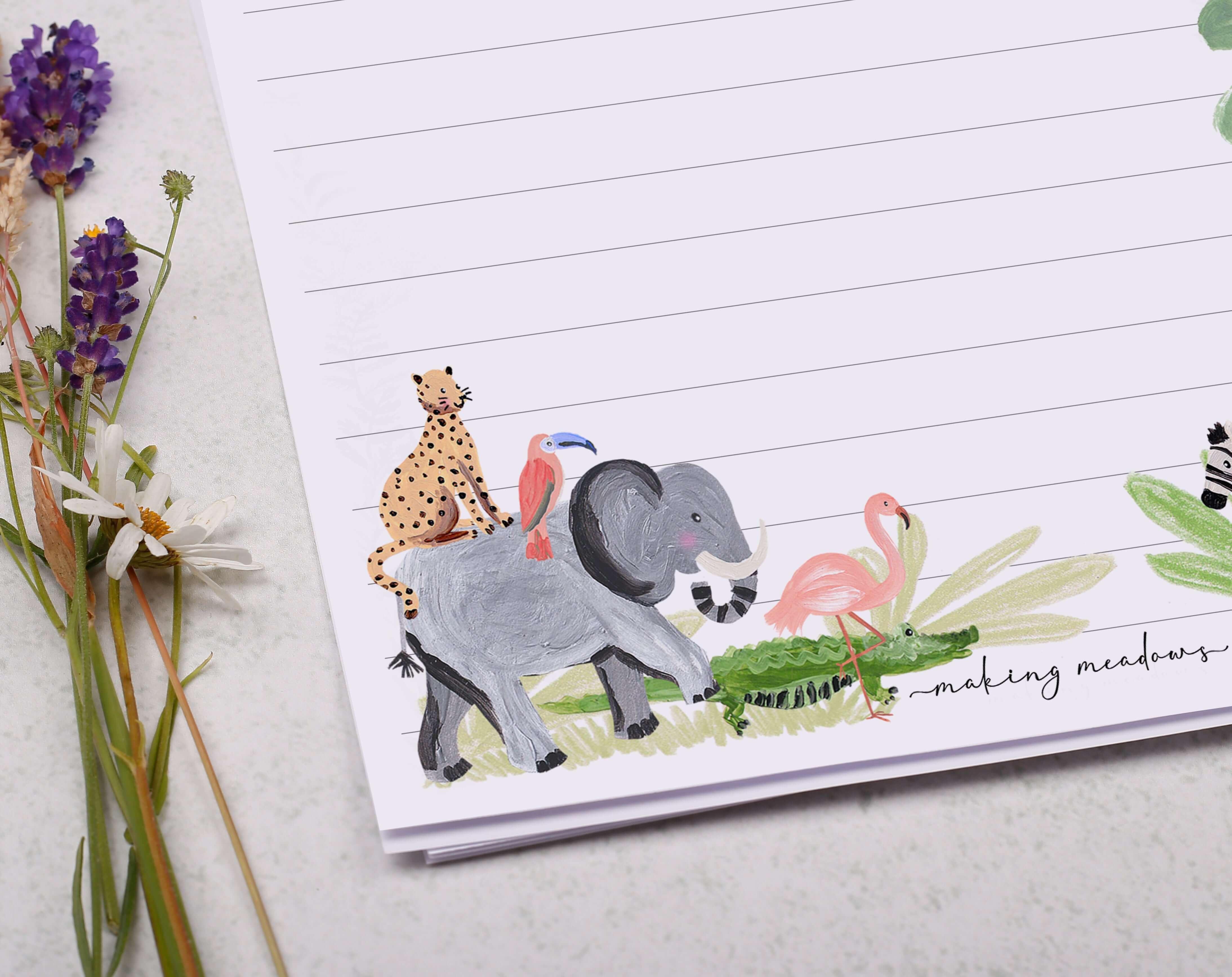 Personalised A5 writing paper with animal safari. Stationery designed by Making Meadows