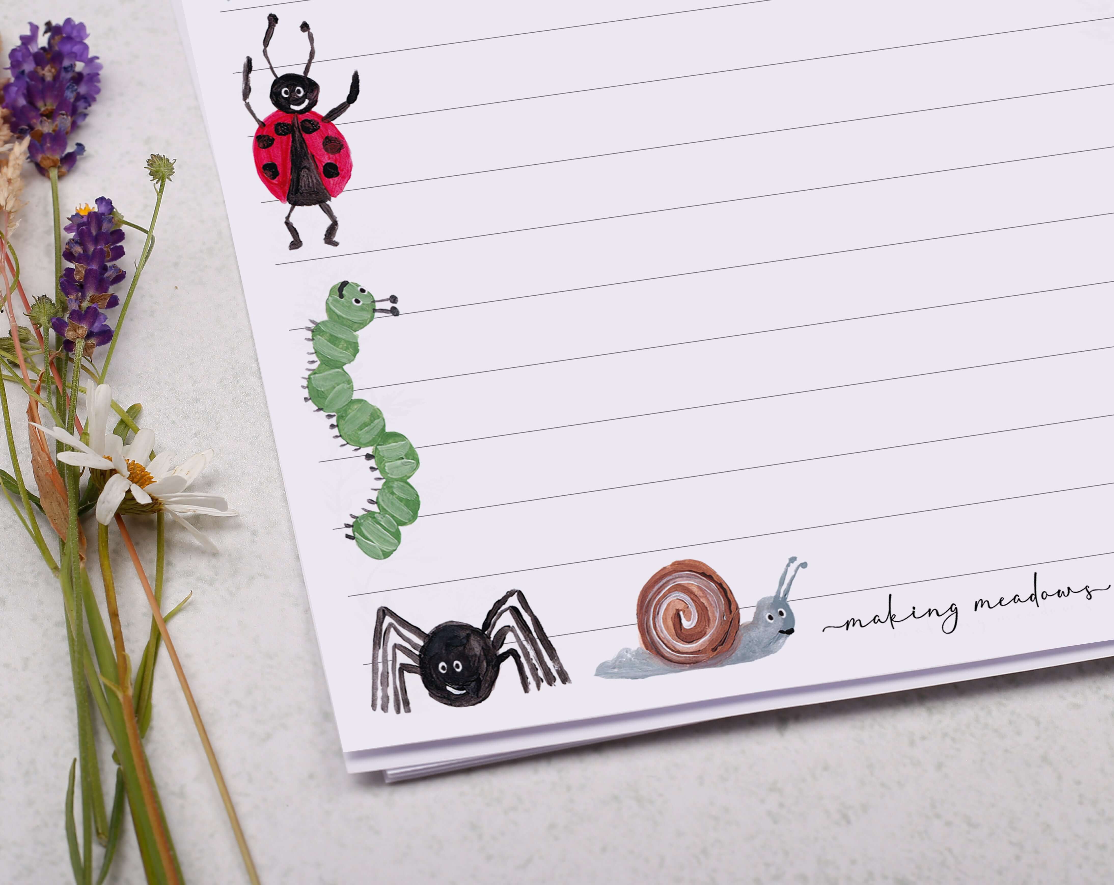 Personalised A5 writing paper with bugs & insects. Stationery designed by Making Meadows