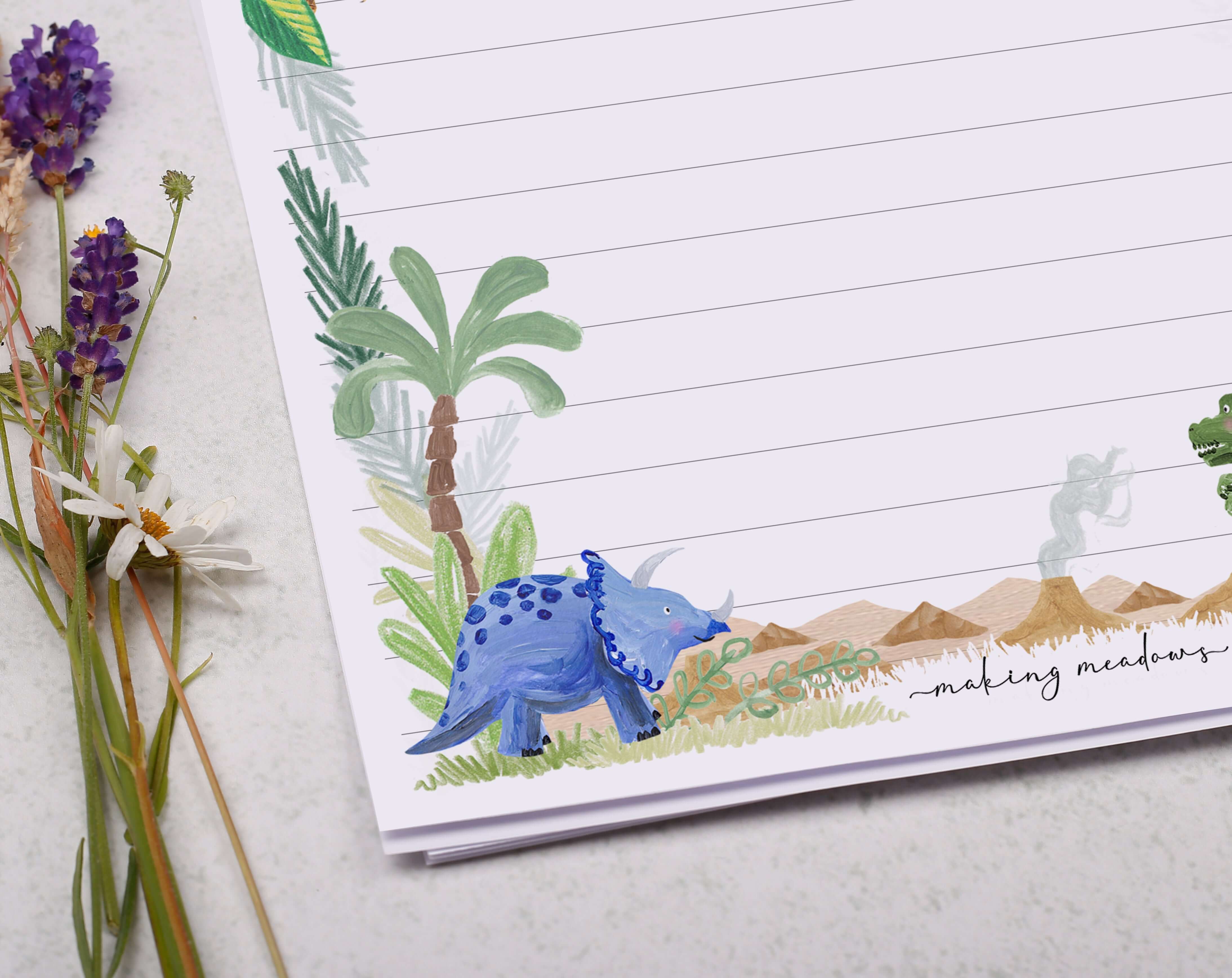 Personalised A5 writing paper with jungle dinosaurs. Stationery designed by Making Meadows