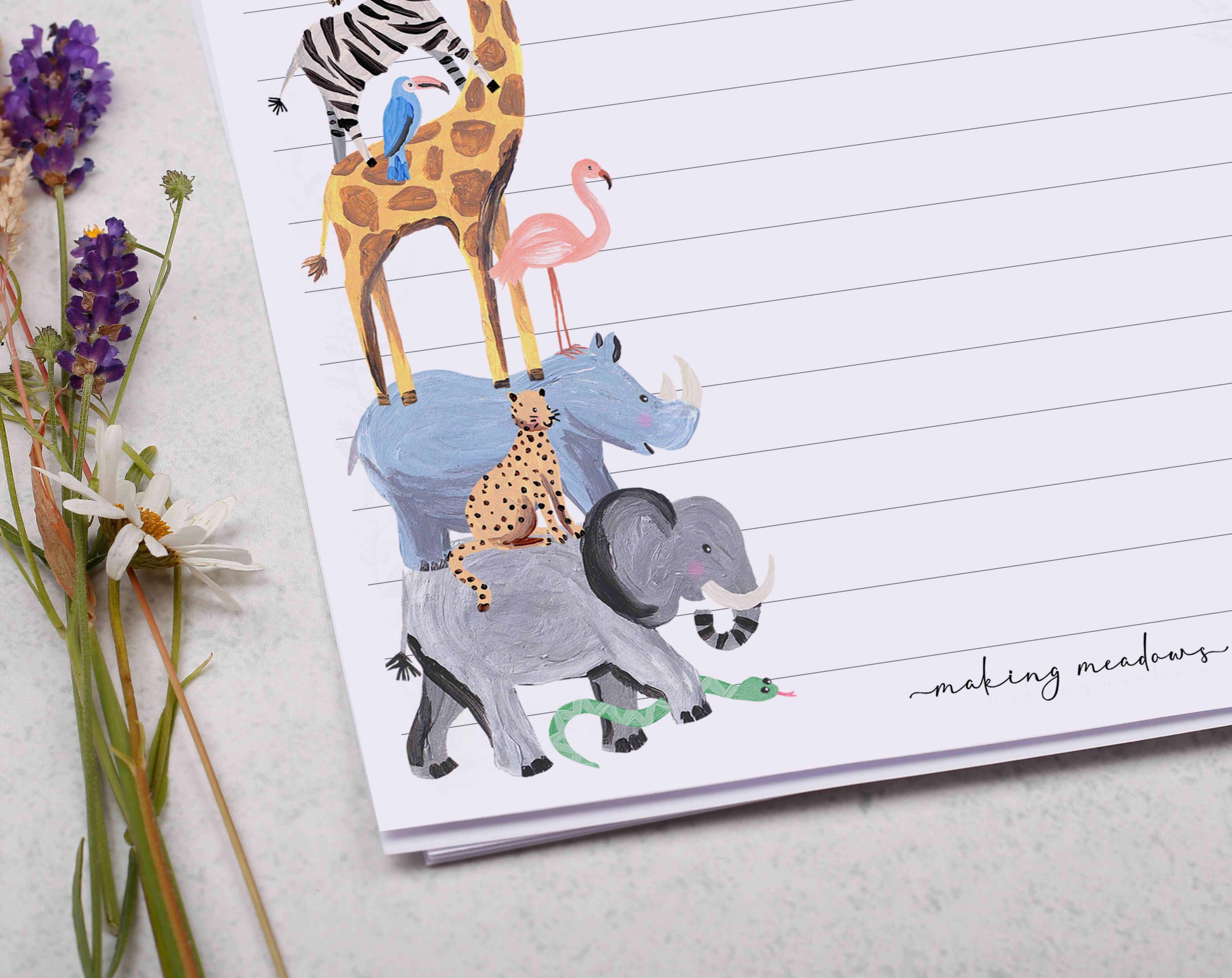 Personalised A5 writing paper with zoo animals. Stationery designed by Making Meadows