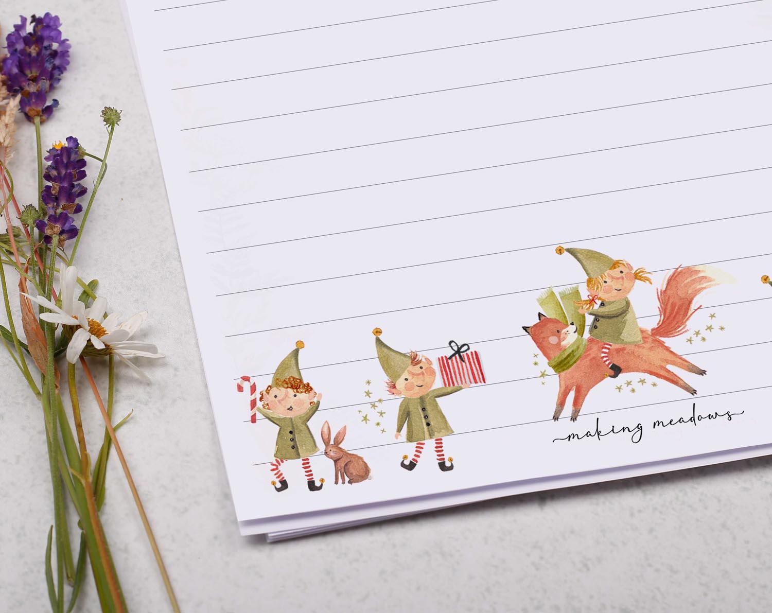 Personalised A5 writing paper with Christmas Elf & Fox