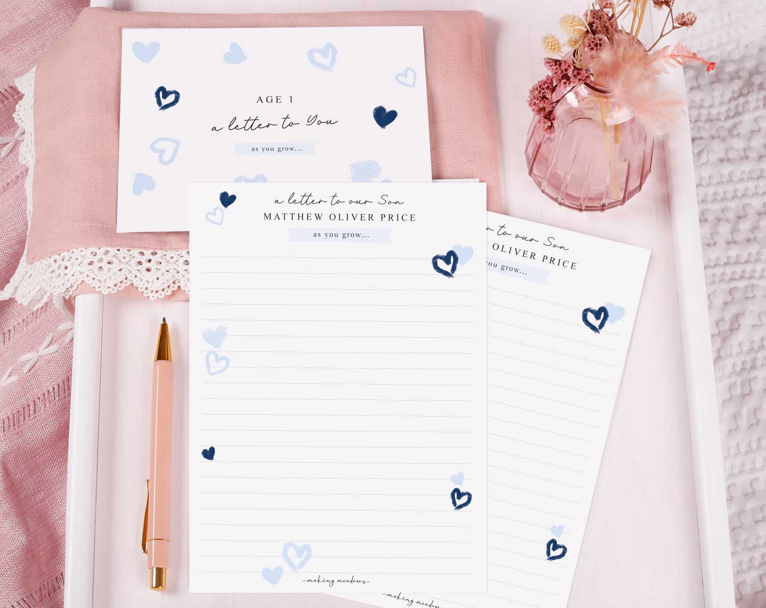 Personalised Blue Heart Letter To Our Son letter writing paper with blue hearts and personalised details.