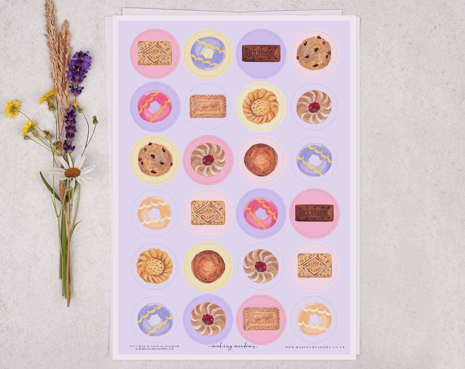 pink and purple biscuit circle stickers, 24 stickers