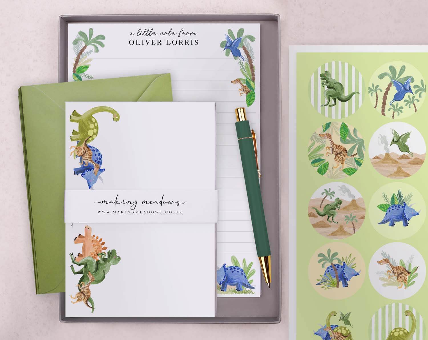 Personalised Children's Stationery Set with dinosaur design and writing materials for kids.