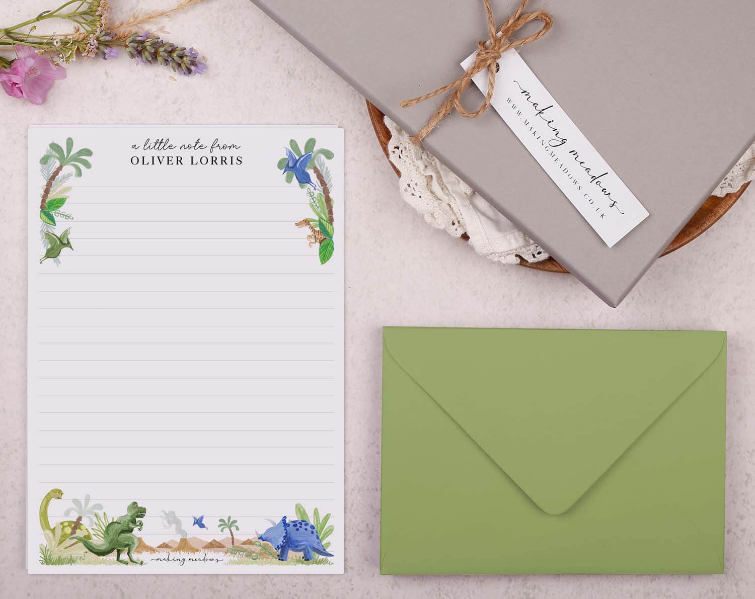 Personalised Children's Stationery Set With Dinosaur Design
