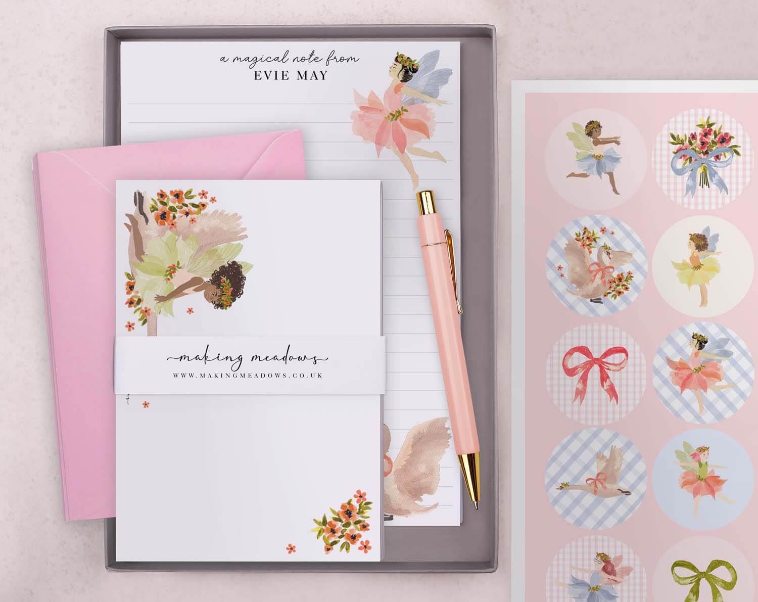 Personalised Children's Stationery Set with fairy design, writing paper, envelopes, stickers, and luxury pen.