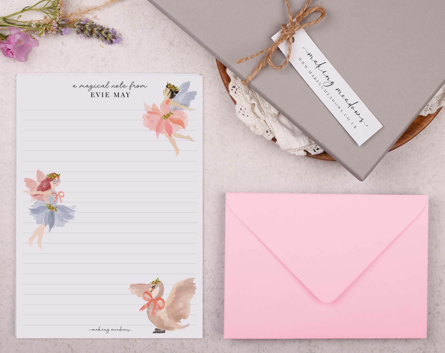 Personalised Children's Stationery Set featuring fairy design letterhead and pink envelope.