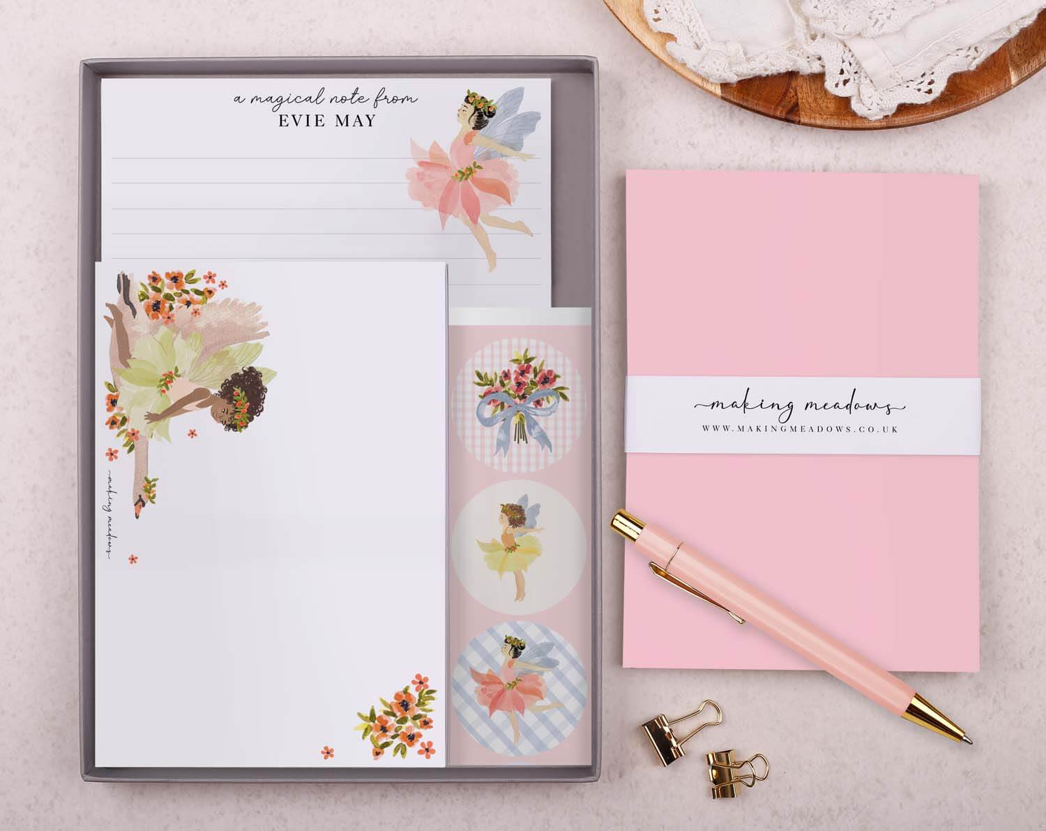 Personalised Children's Stationery Set with Fairy Design, includes writing paper, envelopes, stickers, and a pen.