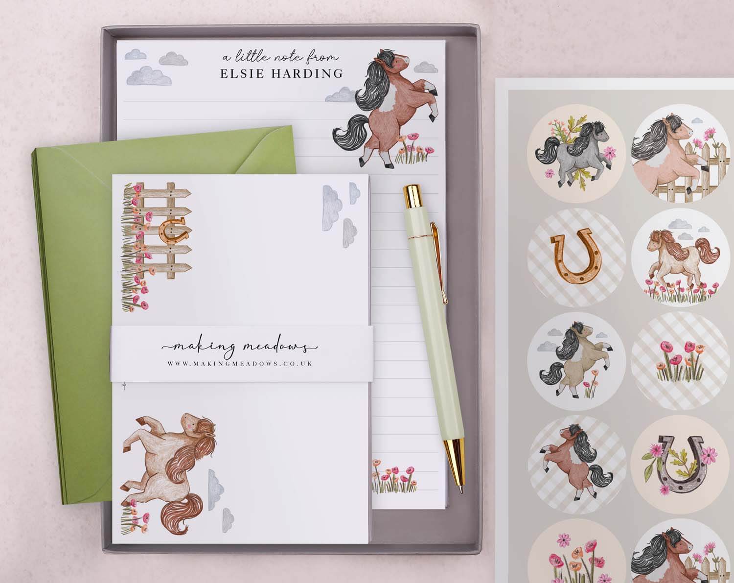 Personalised Children's Stationery Set featuring horse design including writing paper, envelopes, and stickers.