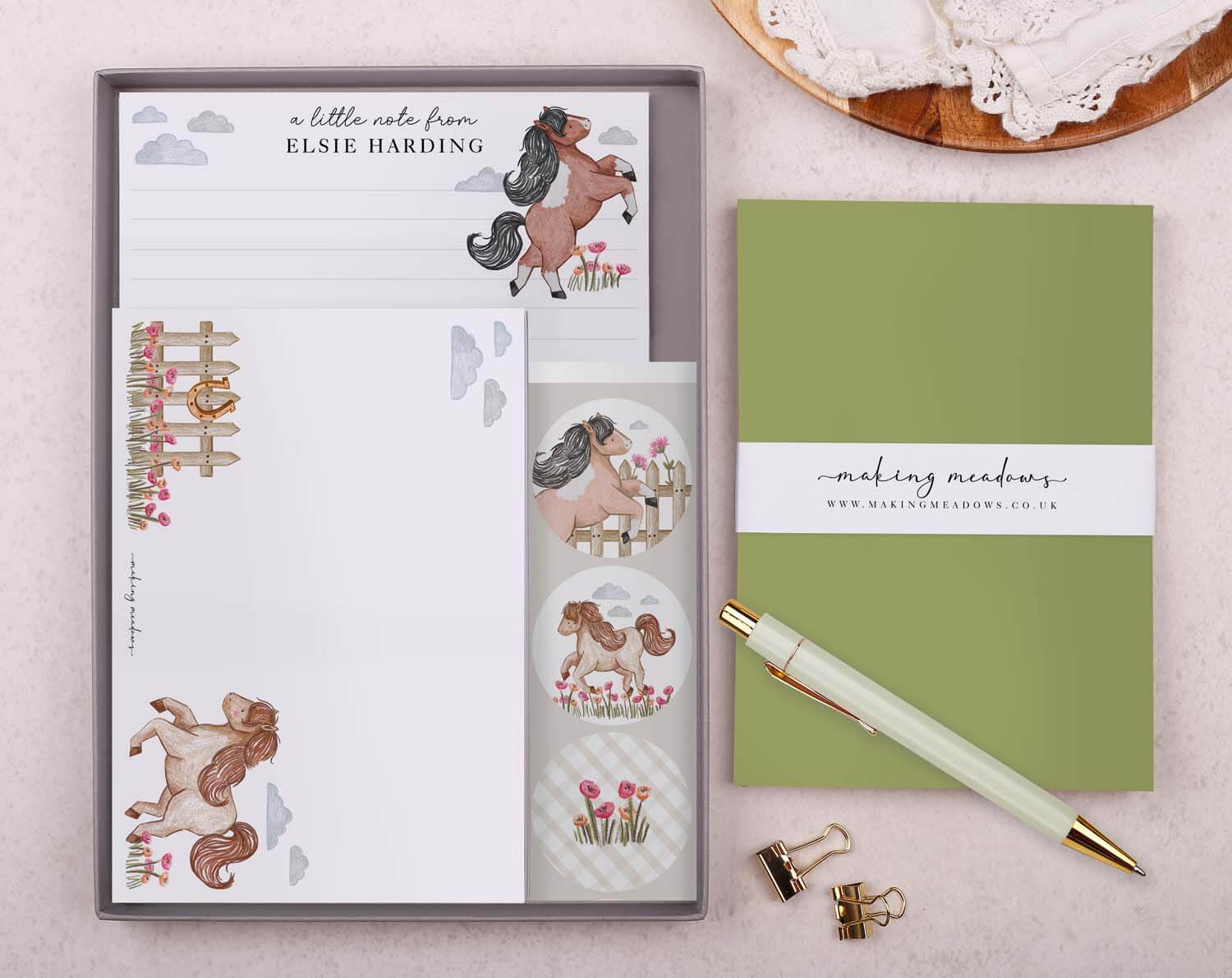 Personalised Children's Stationery Set with horse design including writing paper, envelopes, sticker sheet, and luxury pen.