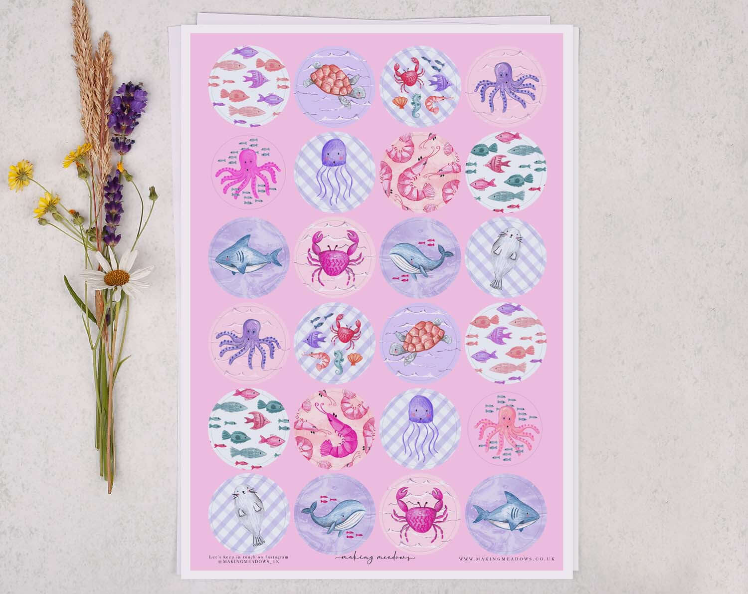 bright pink and blue mermaid theme a4 circle sticker sheet