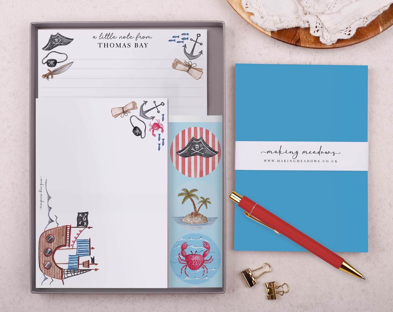 Personalised Children's Stationery Set with pirate design, includes writing paper, envelopes, stickers, and luxury pen.