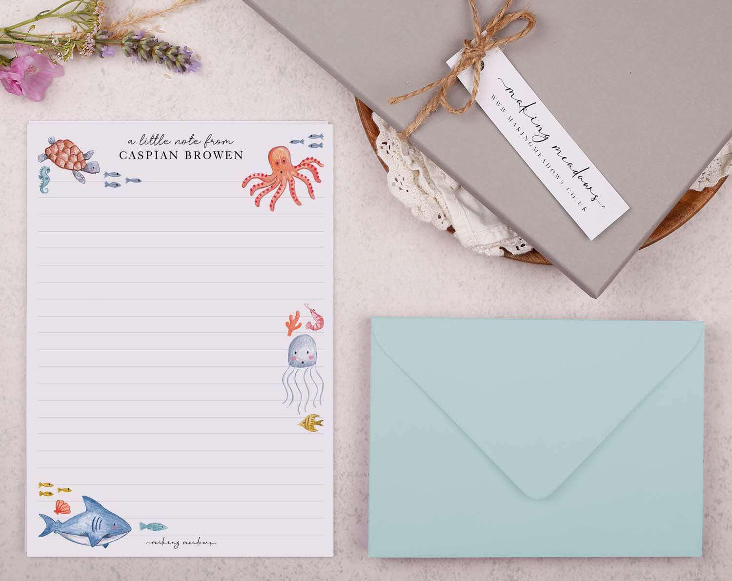 Personalised Children's Stationery Set featuring Under The Sea design with writing paper and envelope