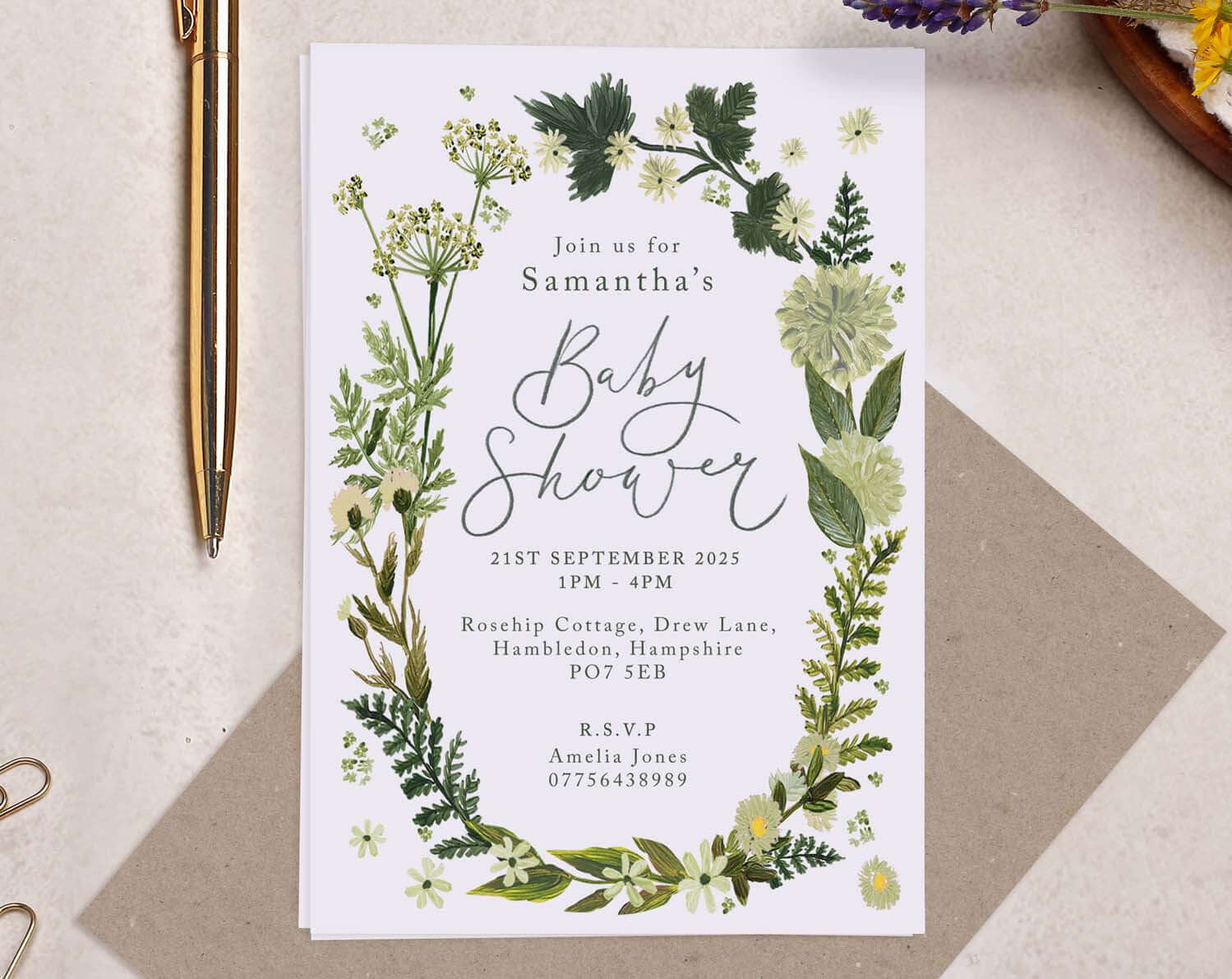 Green Floral Baby Shower Invitation with floral design, date, and RSVP details for a baby shower celebration.