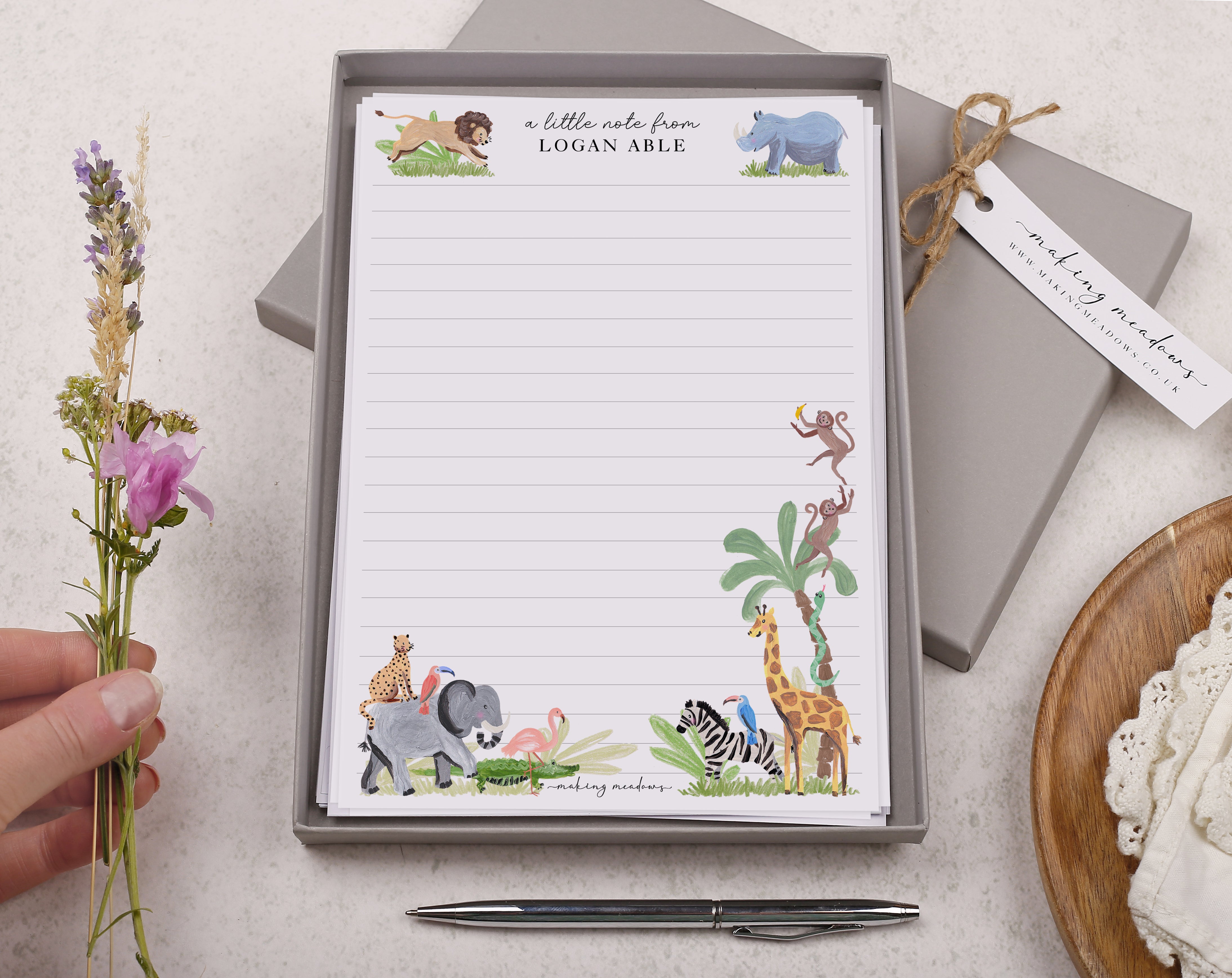 Premium personalised A5 letter writing paper set for children with safari animals in the jungle design.