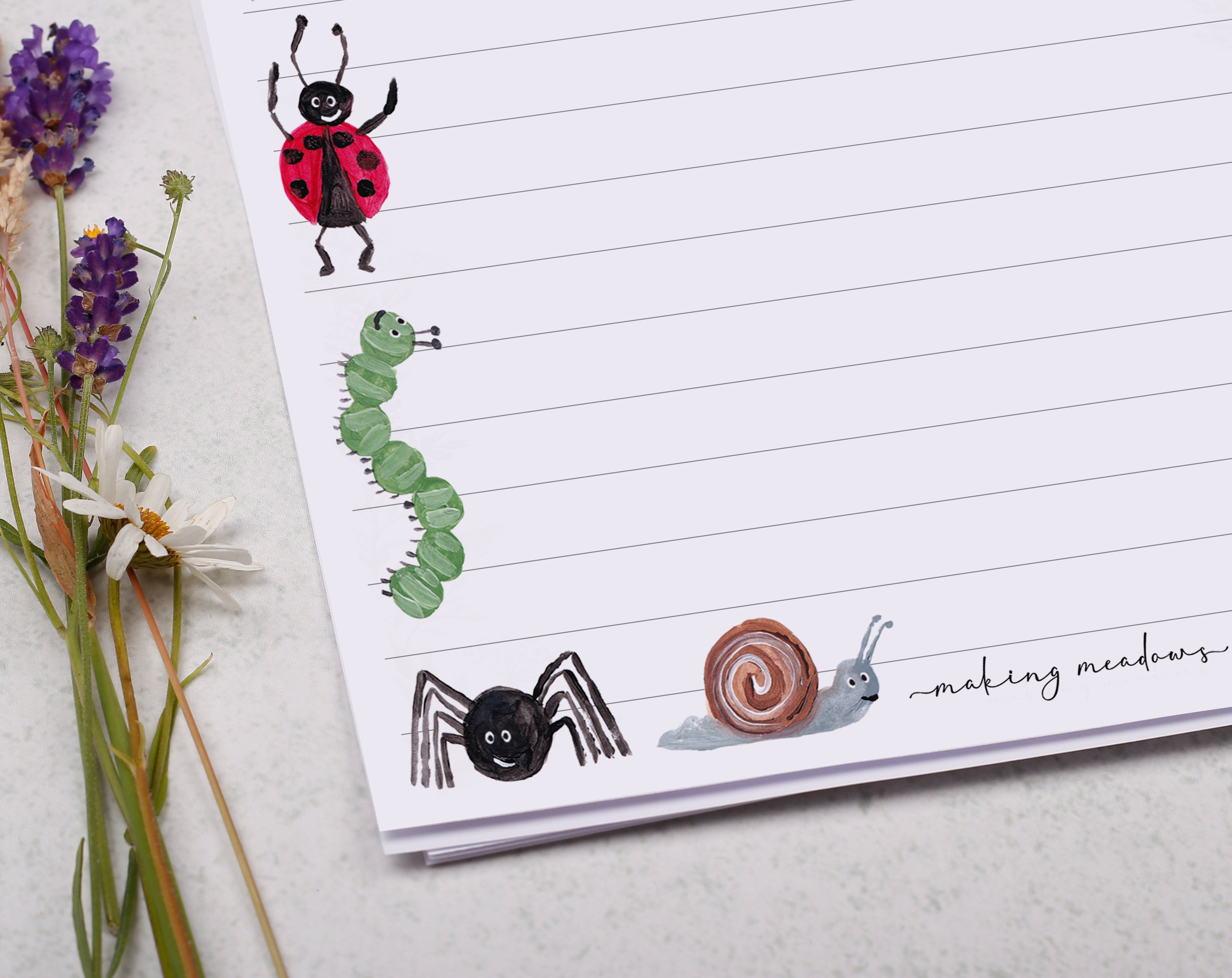Premium personalised A5 letter writing paper set for children with Creepy Crawly Bug & Insect design. 