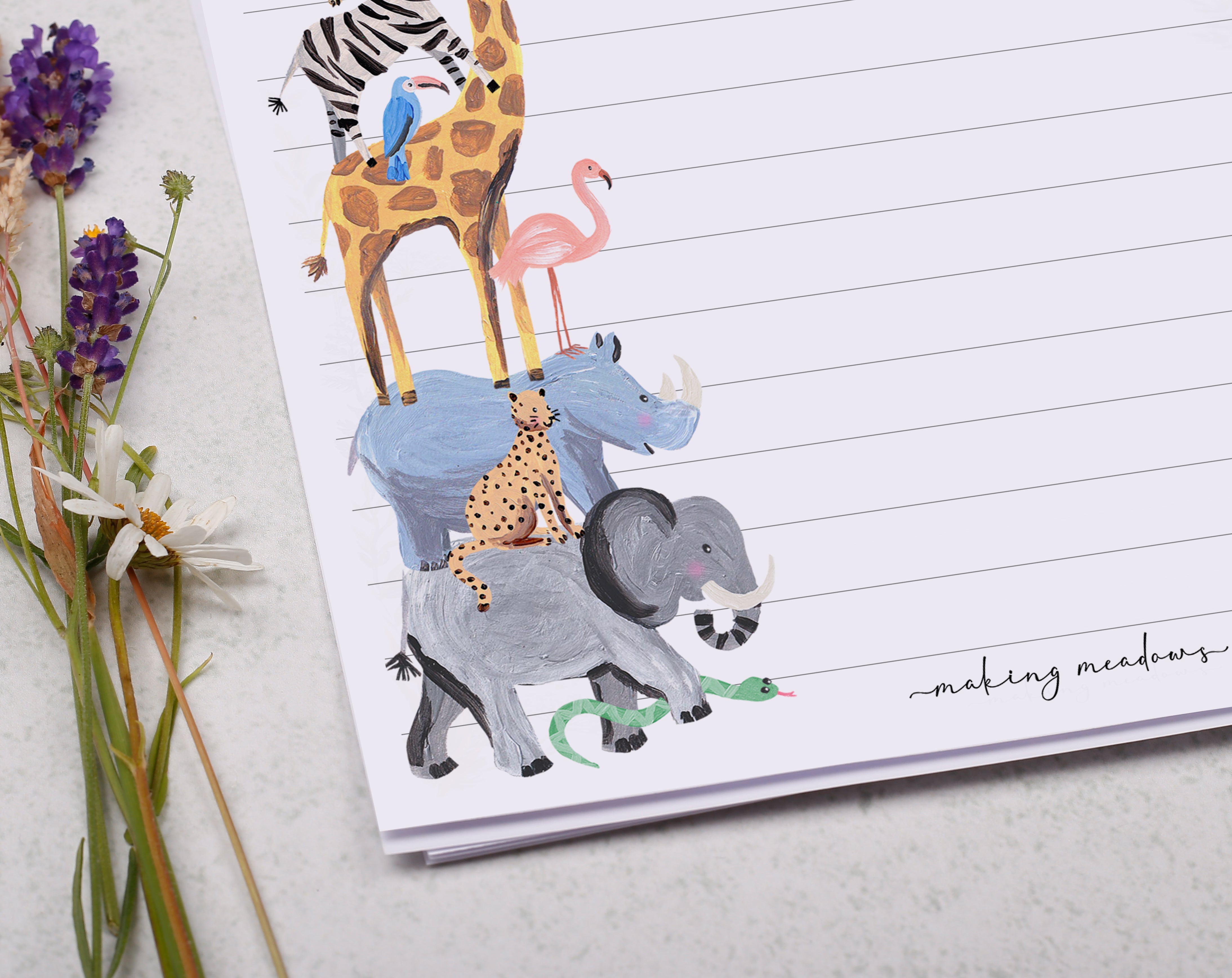 Premium personalised A5 letter writing paper set for children with cute zoo animals in the jungle design.