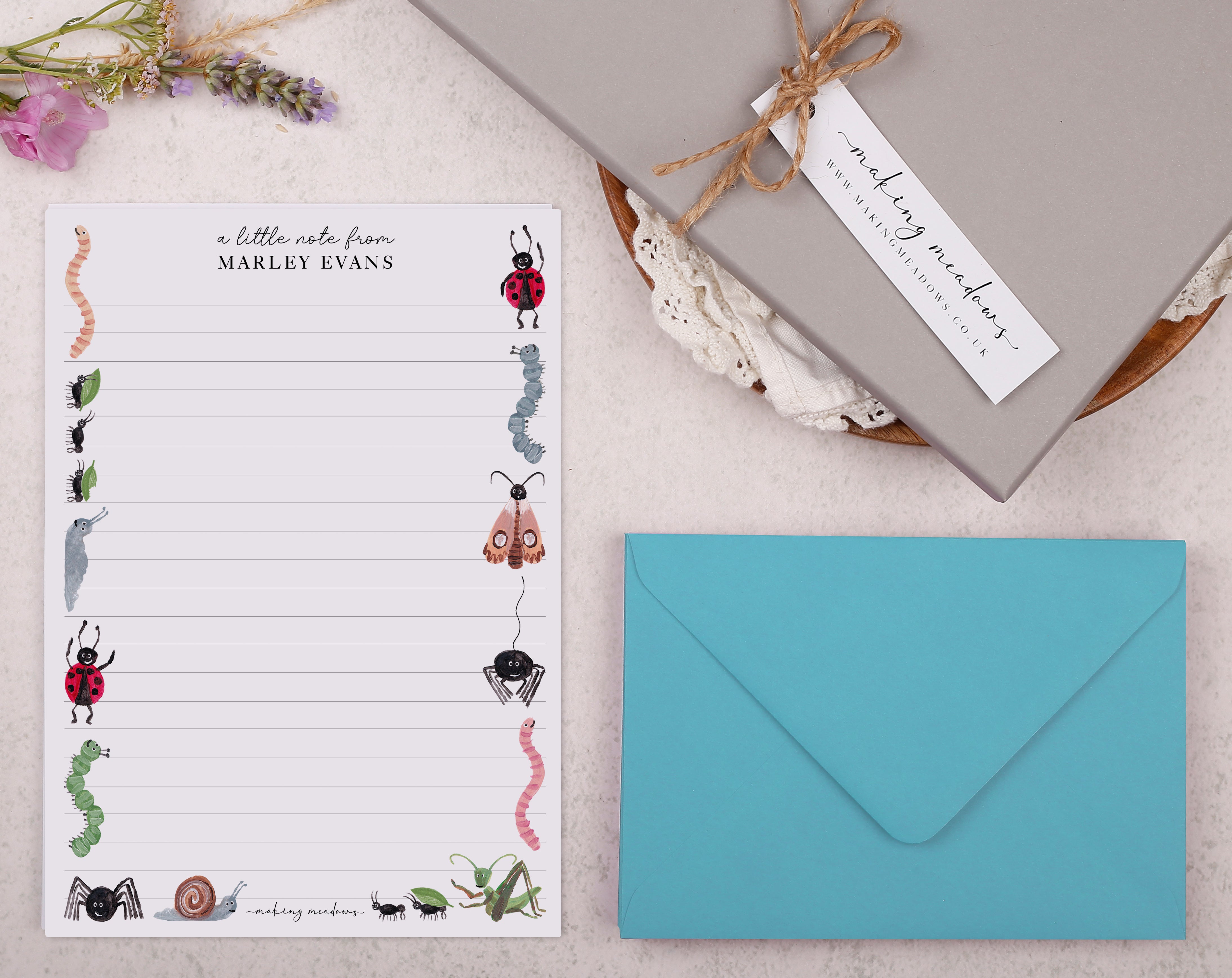 Premium personalised A5 letter writing paper set for children with Creepy Crawly Bug & Insect design. 