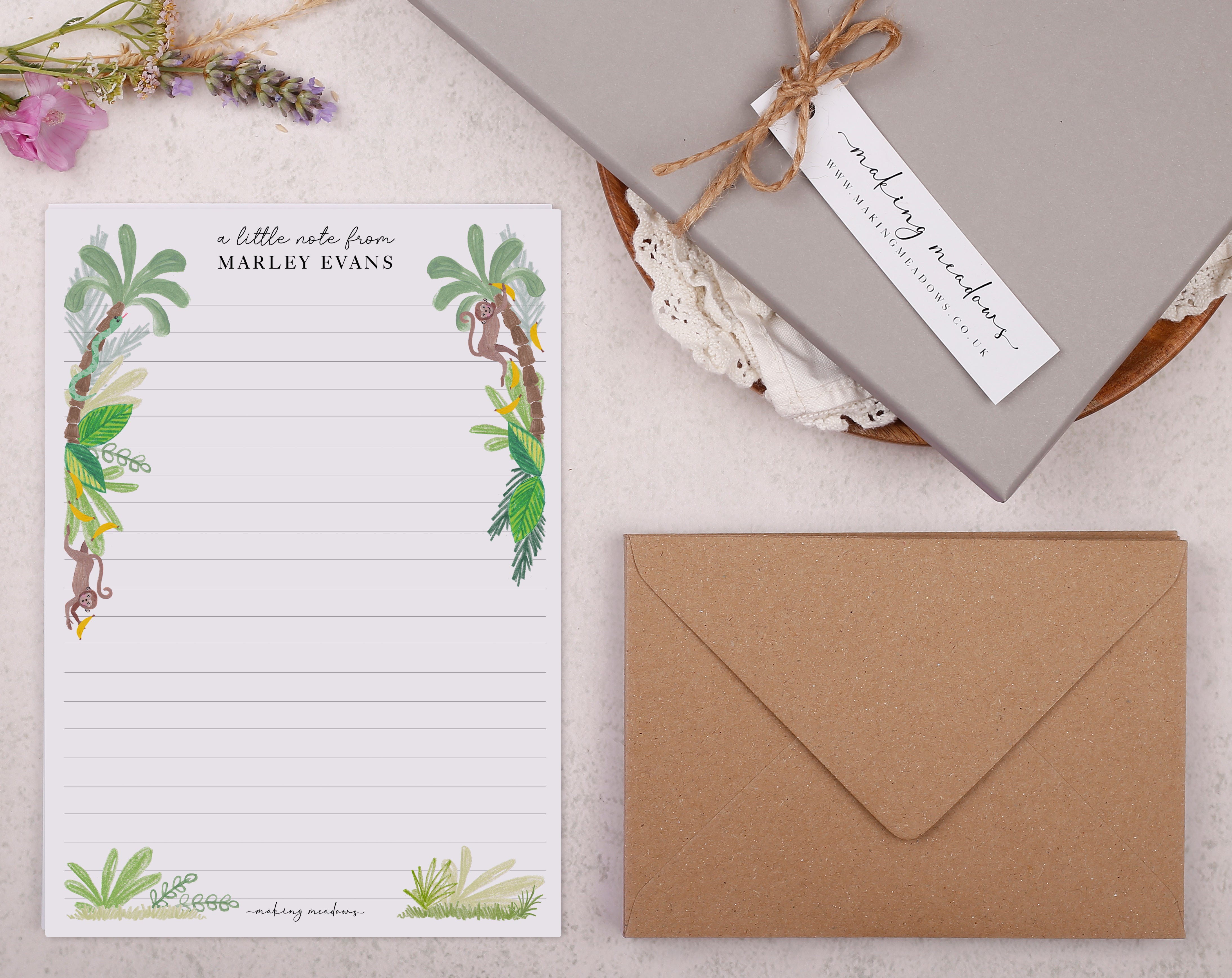 Premium personalised A5 letter writing paper set for children with a Monkey Jungle Animal design. The perfect gift box writing paper set, making a lovely keepsake gift. 