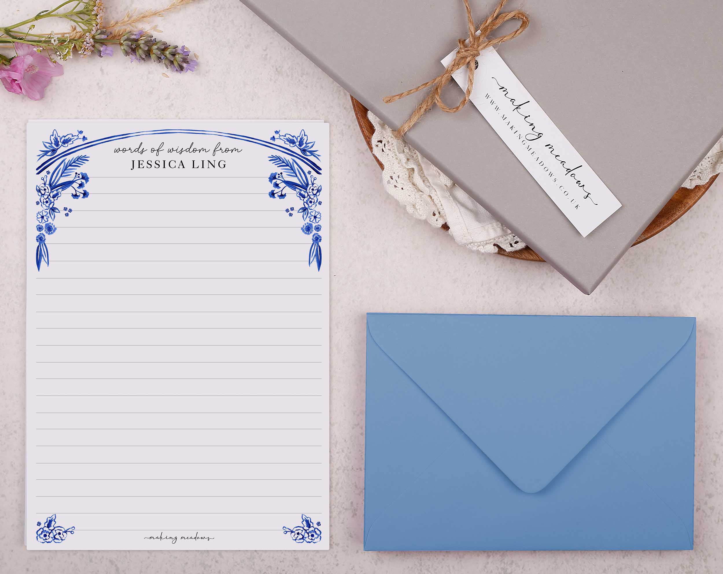 Premium personalised A5 letter writing paper set with a handprinted watercolour floral border in a china blue porcelain design.