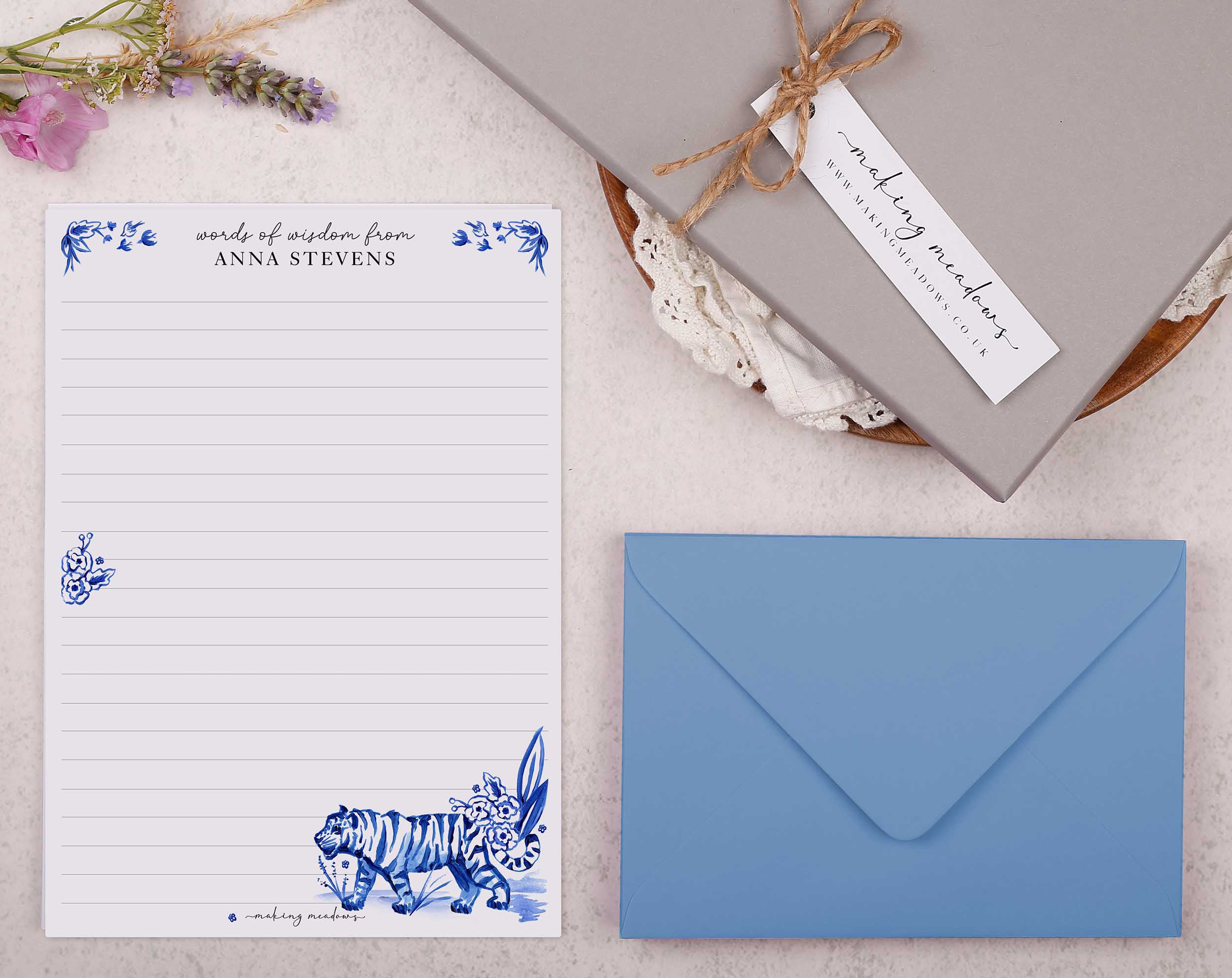 Premium personalised A5 letter writing paper set with a handpainted watercolour tiger and floral border in a china blue porcelain design.