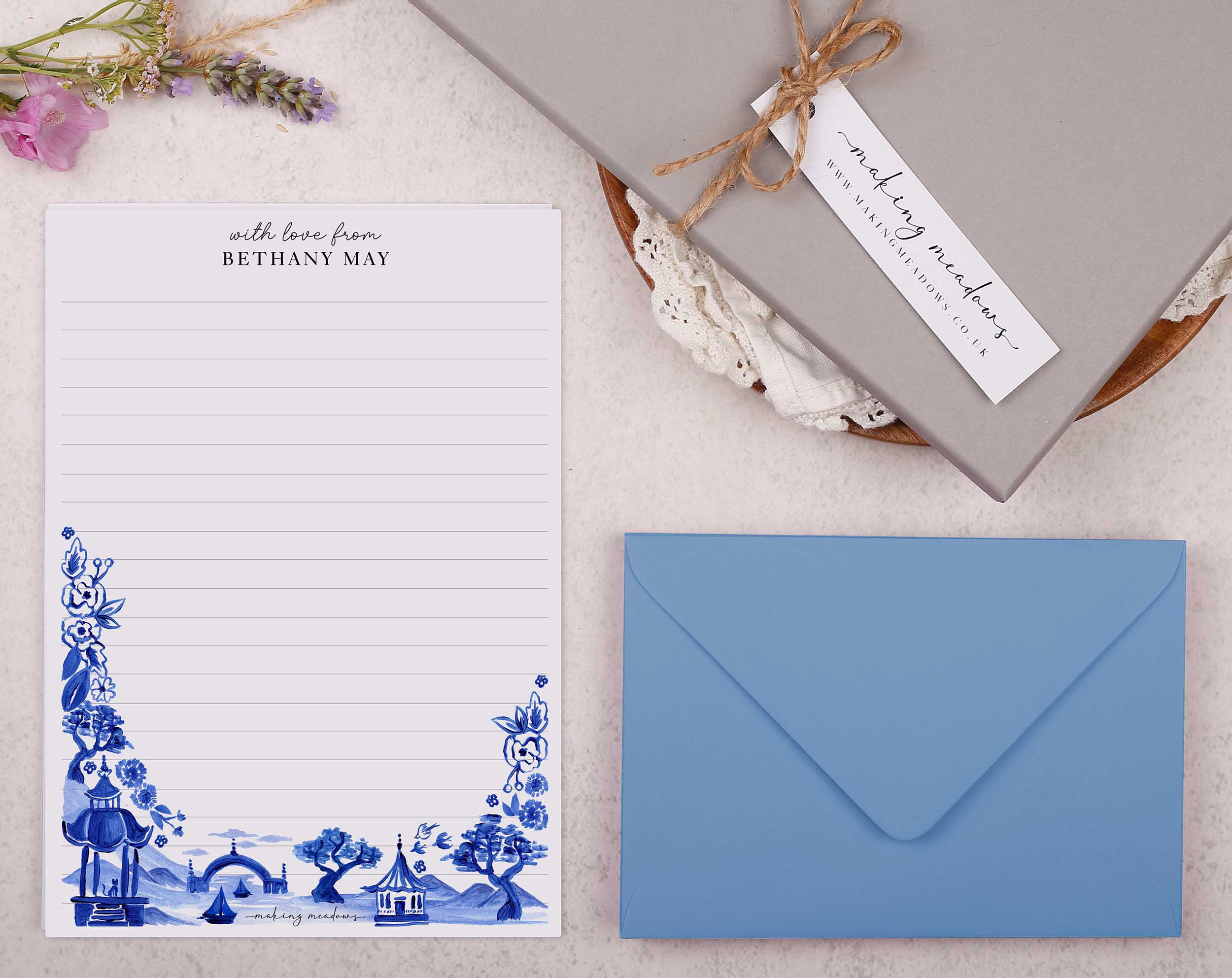 Premium personalised A5 letter writing paper set with a hand painted watercolour oriental landscape in a china blue porcelain design.