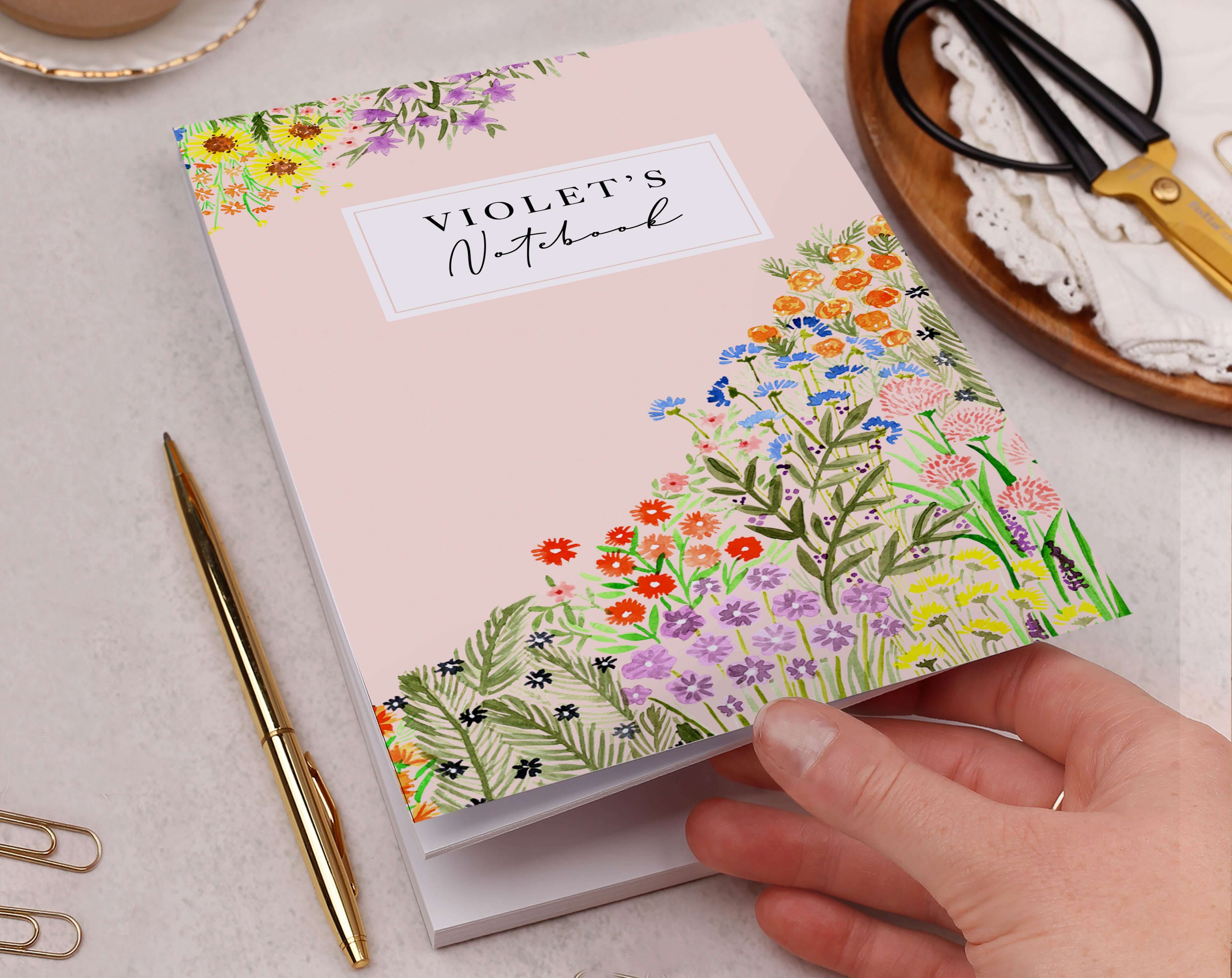 Personalised Pink Floral Notebook. Notebooks & Notepads designed by Making Meadows