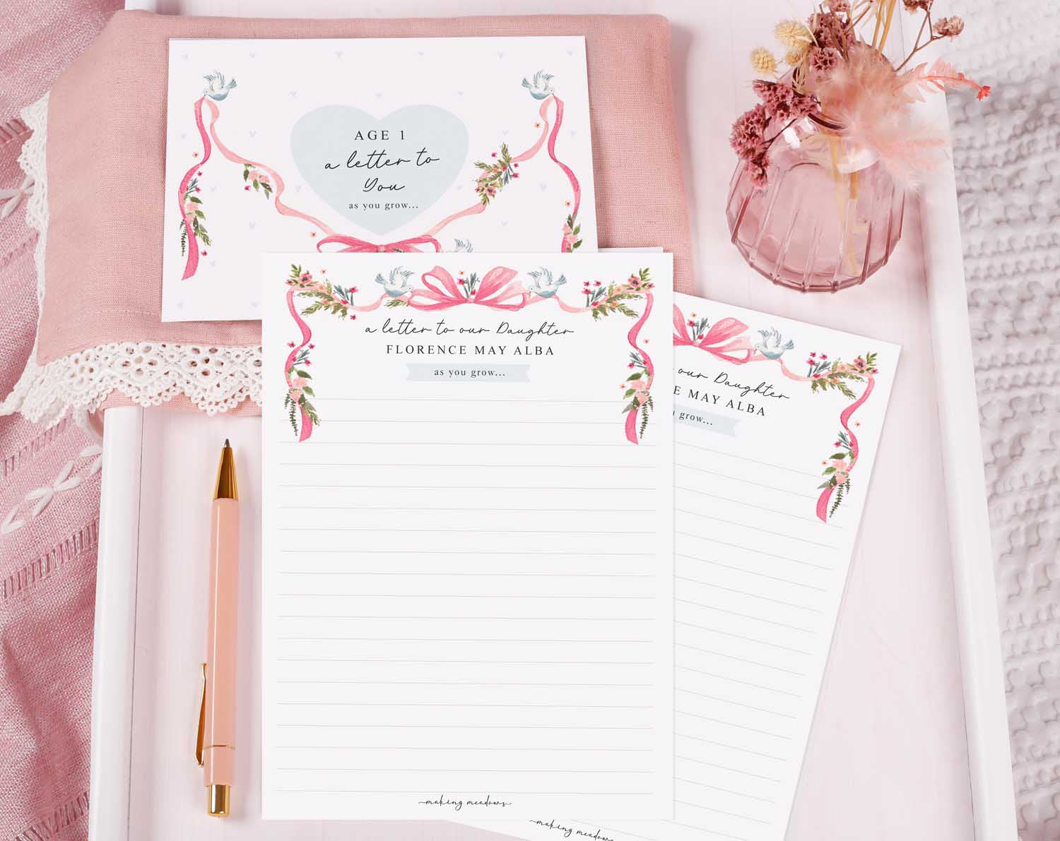 Personalised Vintage Letter To Our Daughter stationery set featuring floral designs and space for heartfelt messages.