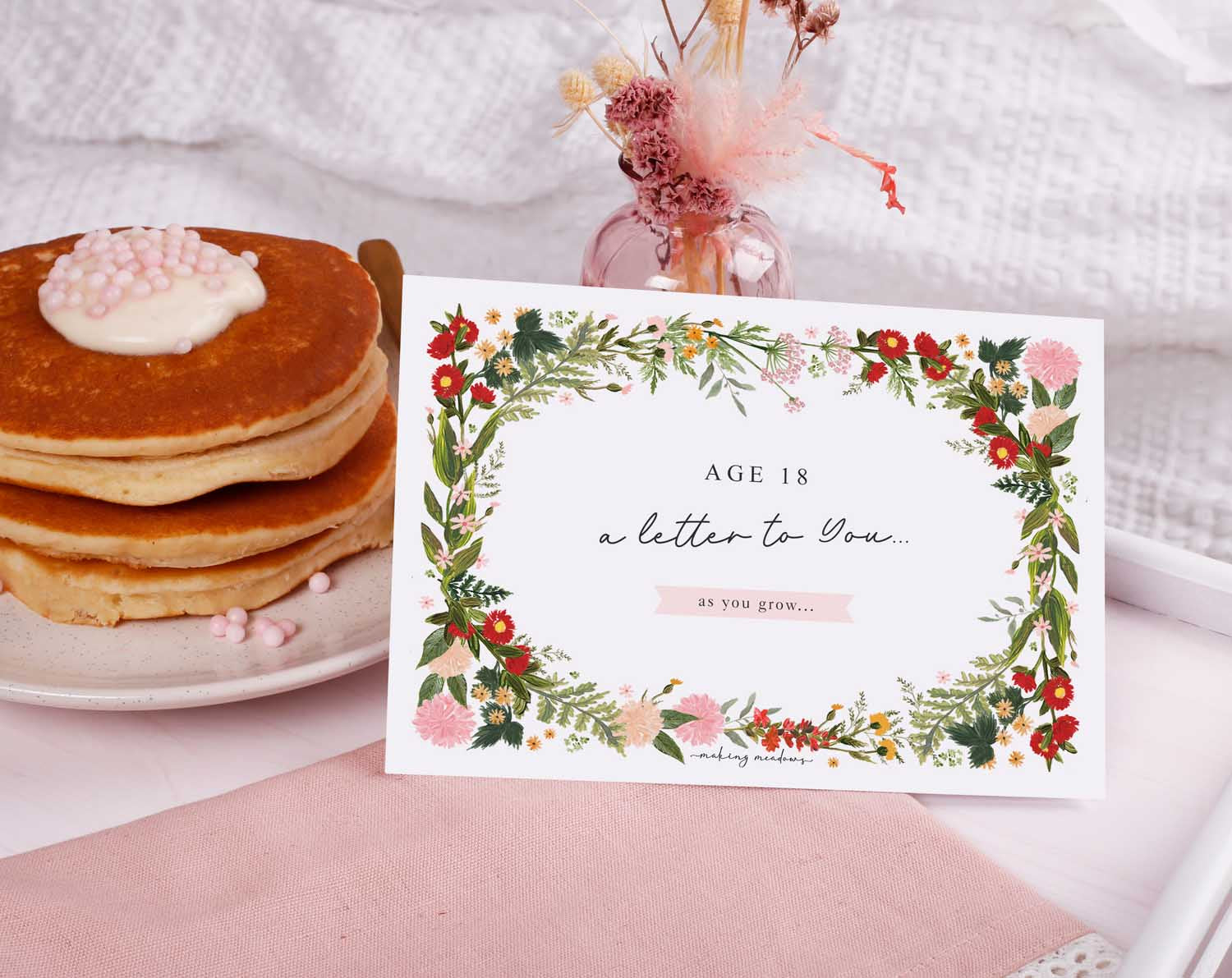 Personalised Wild Floral Letter To Our Daughter with pancakes and flowers, capturing cherished memories.