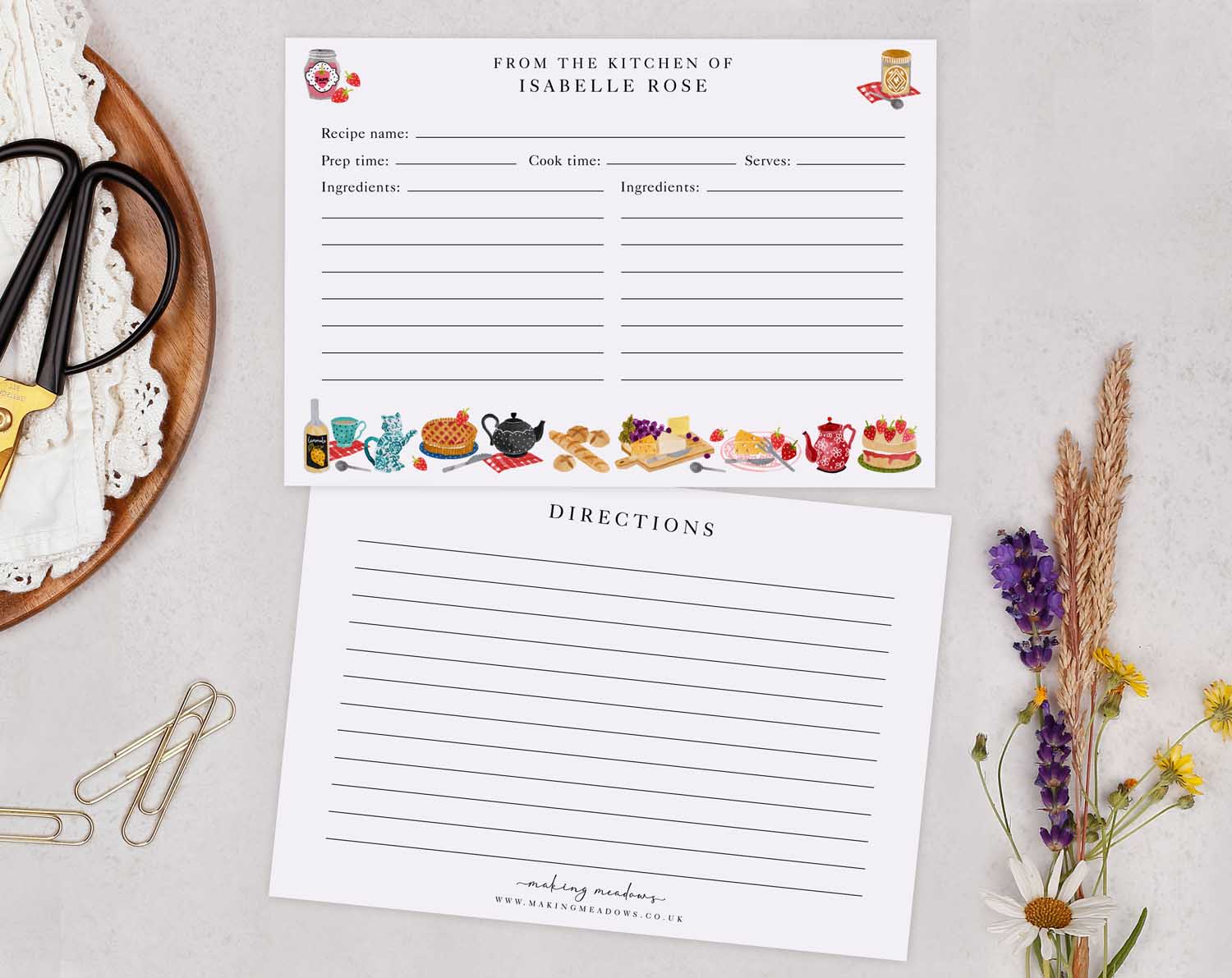 Picnic Food Recipe Cards displayed with illustration of assorted picnic foods and a clear layout for recipe organization.
