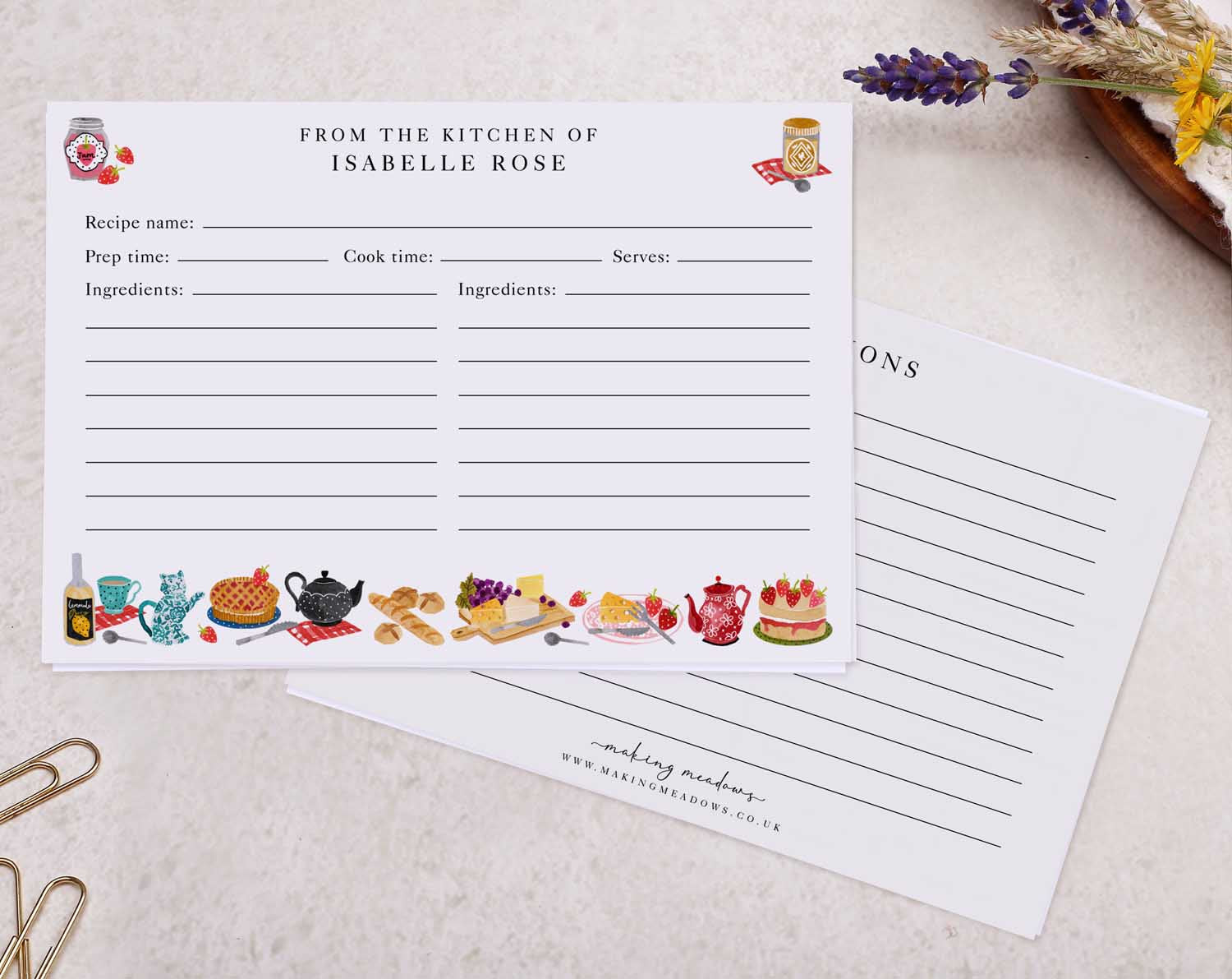 Picnic Food Recipe Cards featuring colorful illustrations and spaces for recipe details from the kitchen of Isabelle Rose.