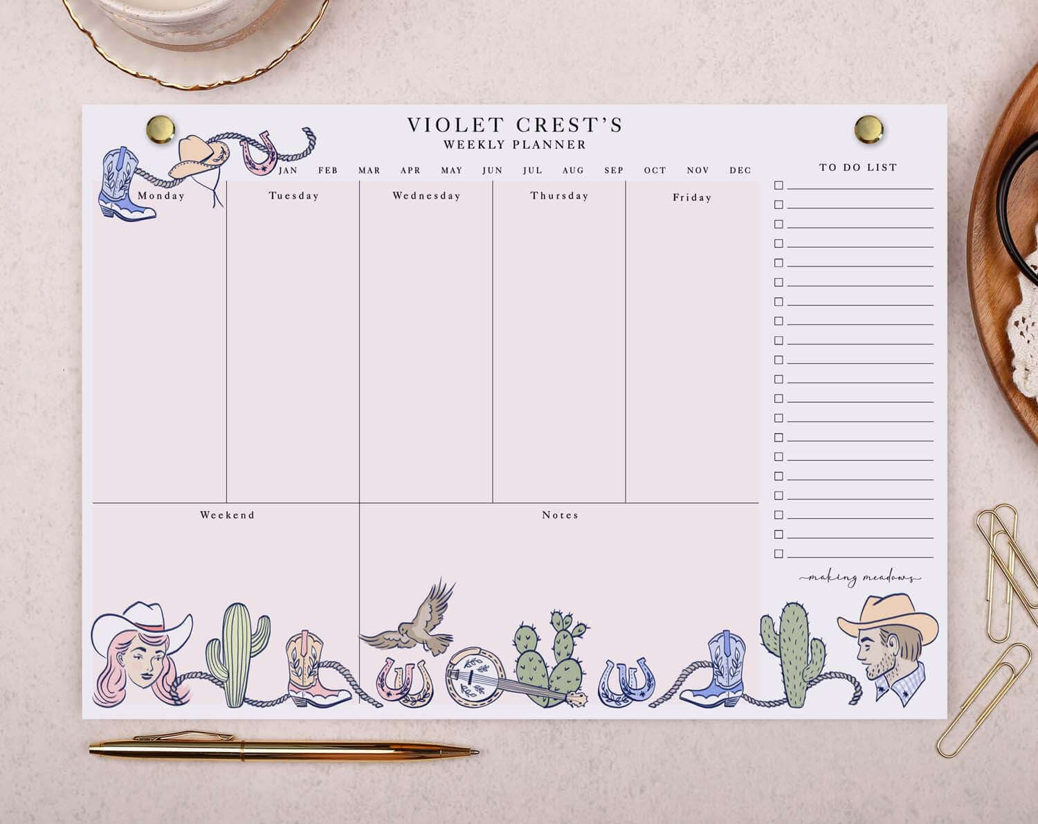 Pink Cowgirl Personalised Weekly Planner Pad. Calendars, Organizers & Planners designed by Making Meadows