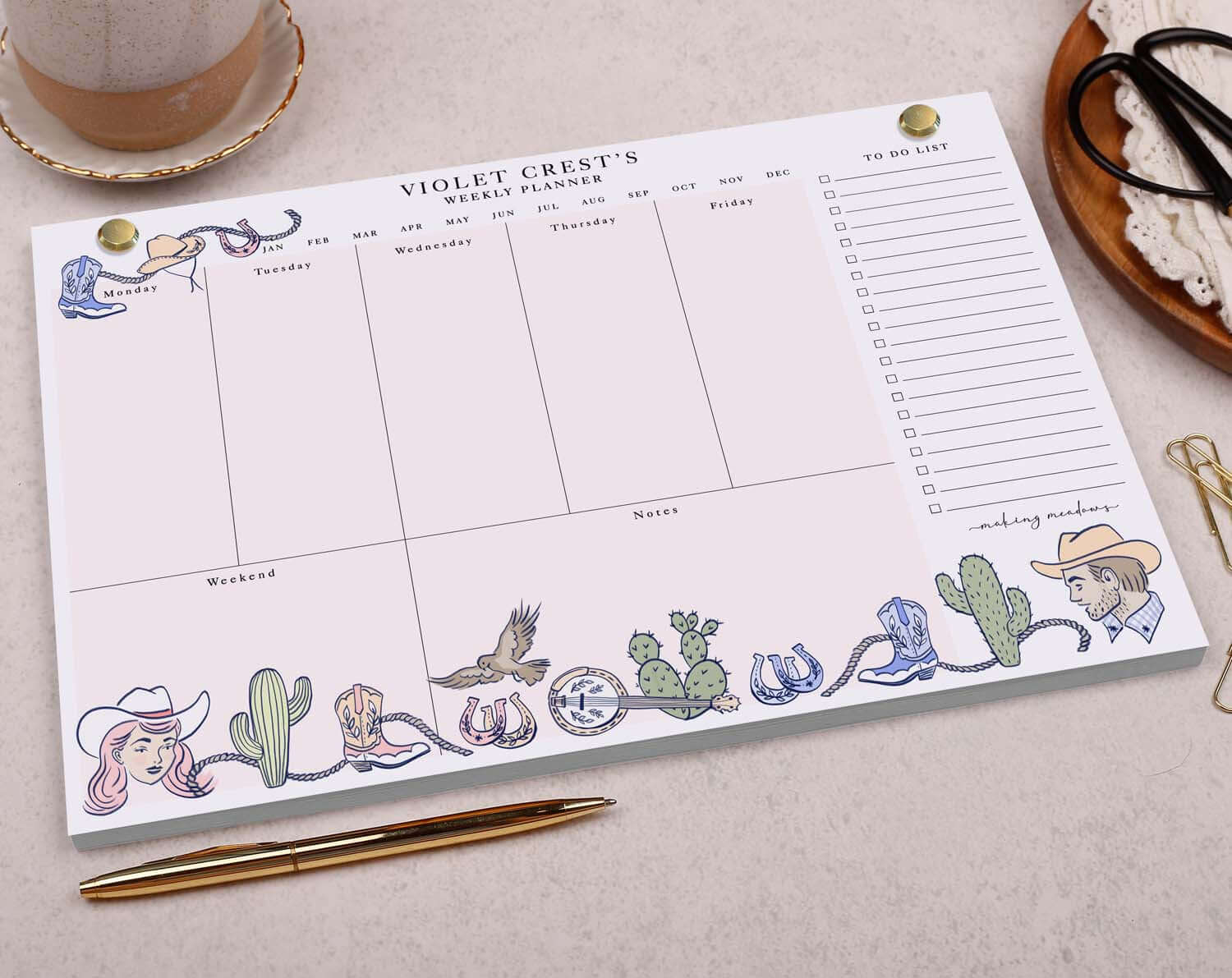 Pink Cowgirl Personalised Weekly Planner Pad. Calendars, Organizers & Planners designed by Making Meadows