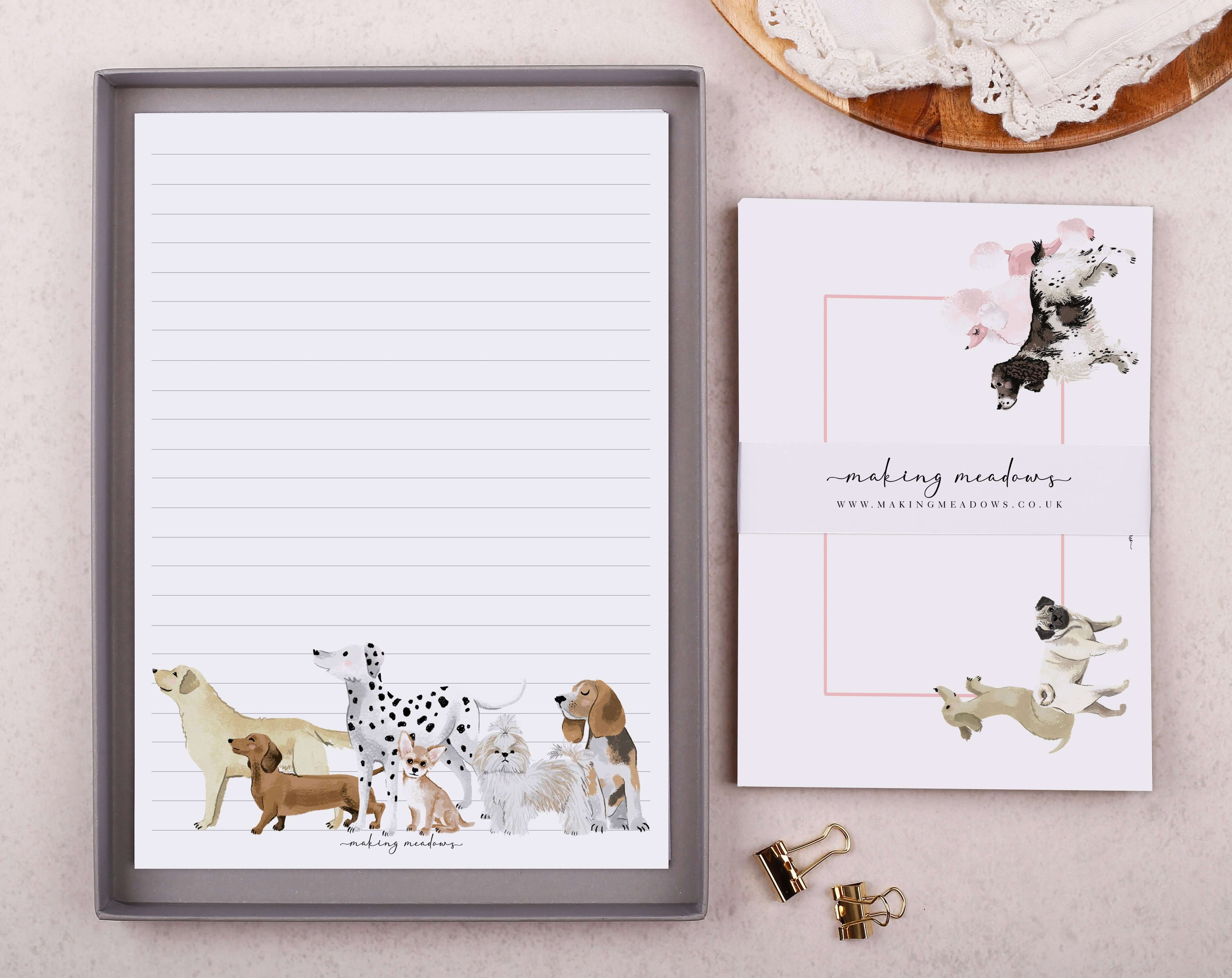 Pink Dog A5 Writing Paper & Envelope Set. Stationery designed by Making Meadows