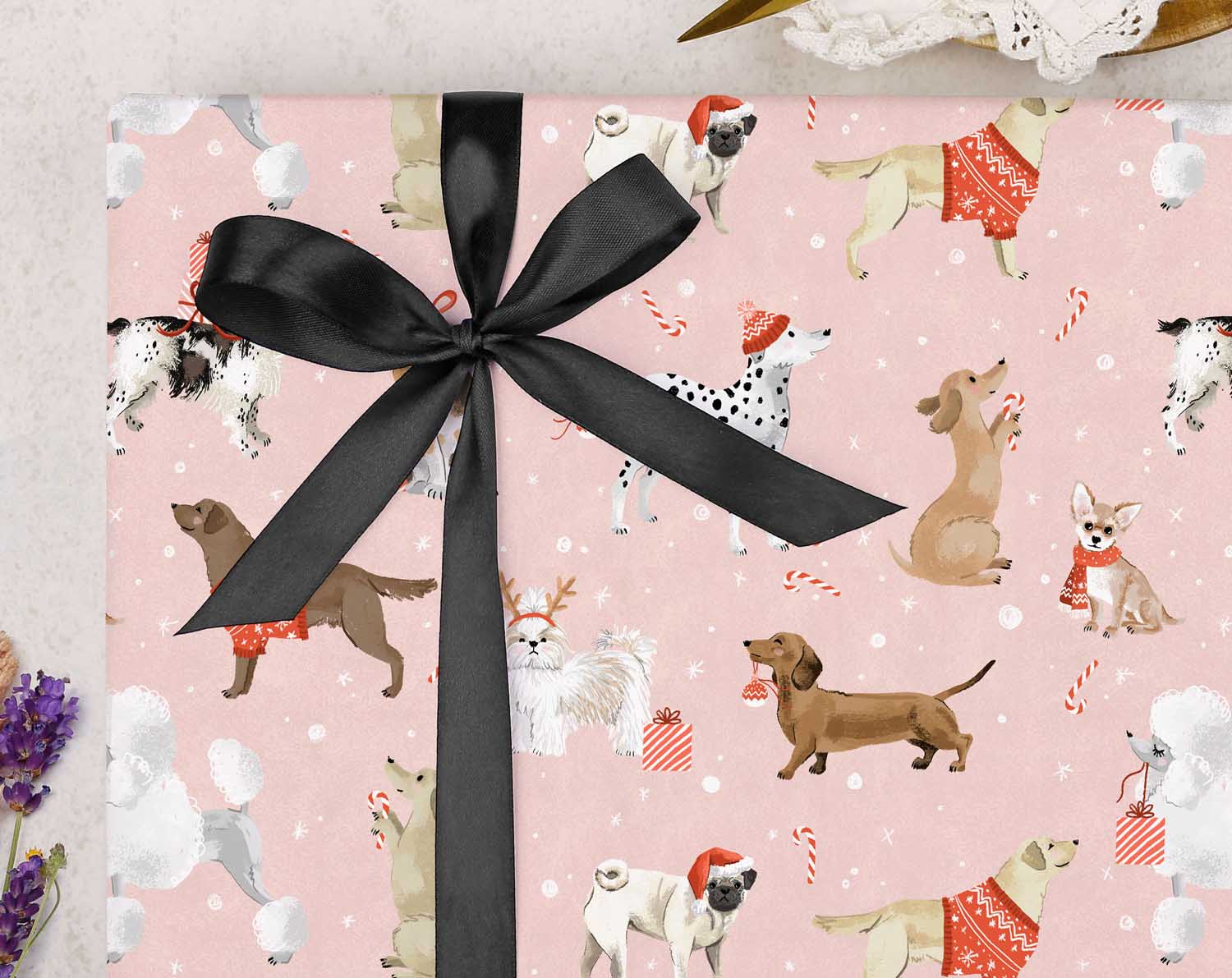 Pink Dog Christmas Wrapping Paper. Wrapping Paper designed by Making Meadows
