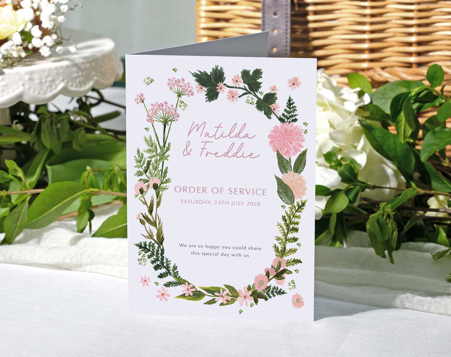 Pink Floral Order Of Service featuring elegant pink blooms and botanicals, perfect for a wedding ceremony.