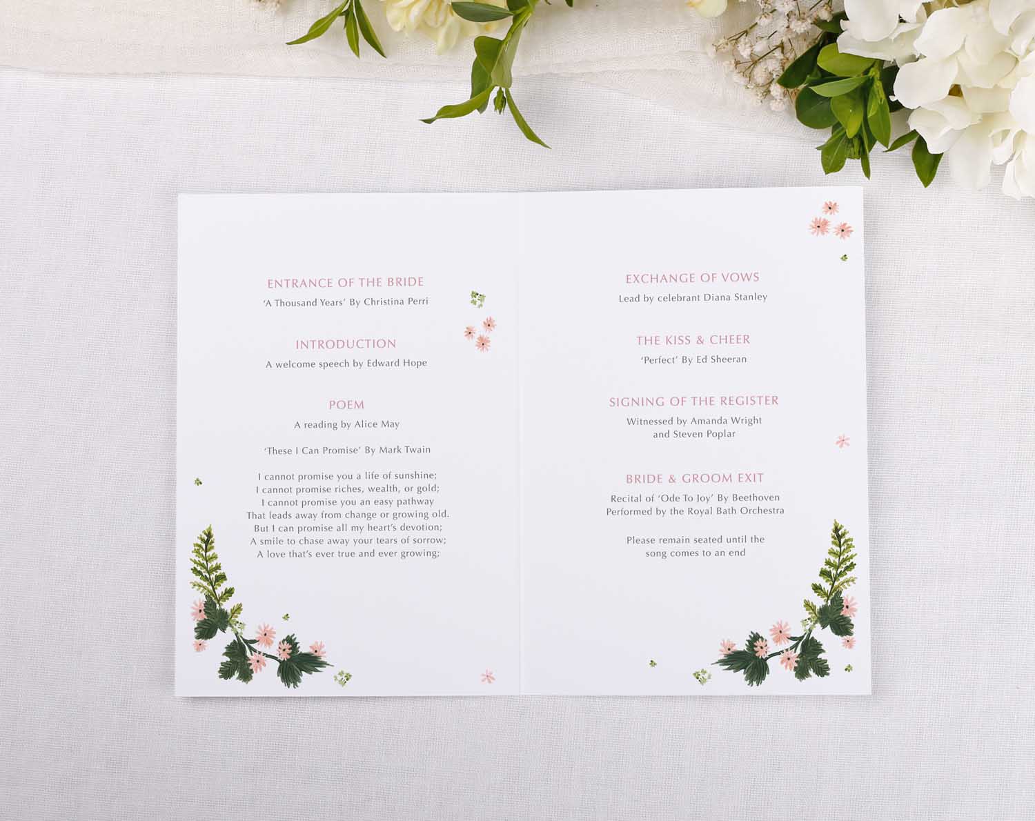 Pink Floral Order Of Service booklet open to show personalised ceremony details and floral design.