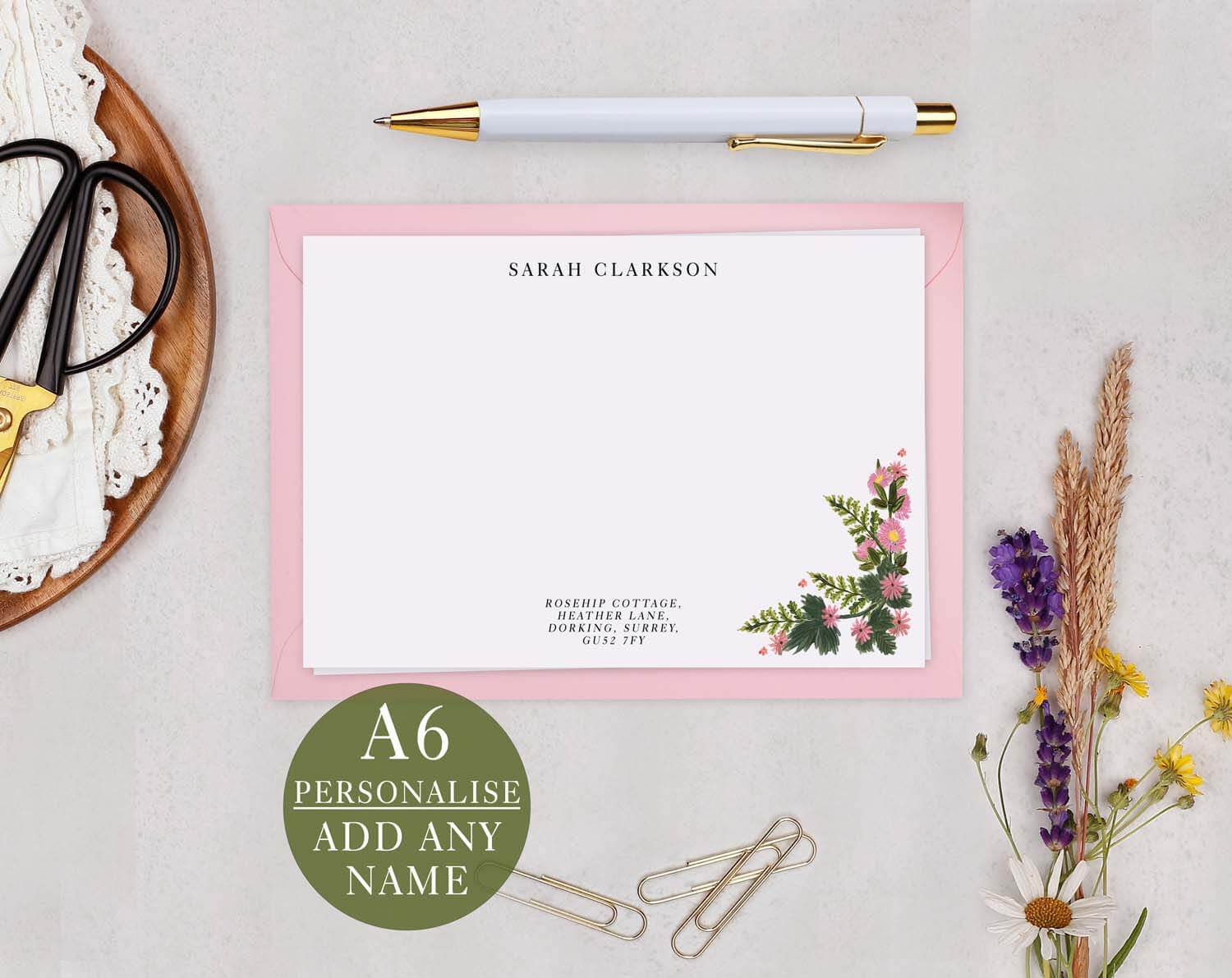 Pink Floral Personalised Note Cards with hand-painted flowers and customizable name on a pink background.