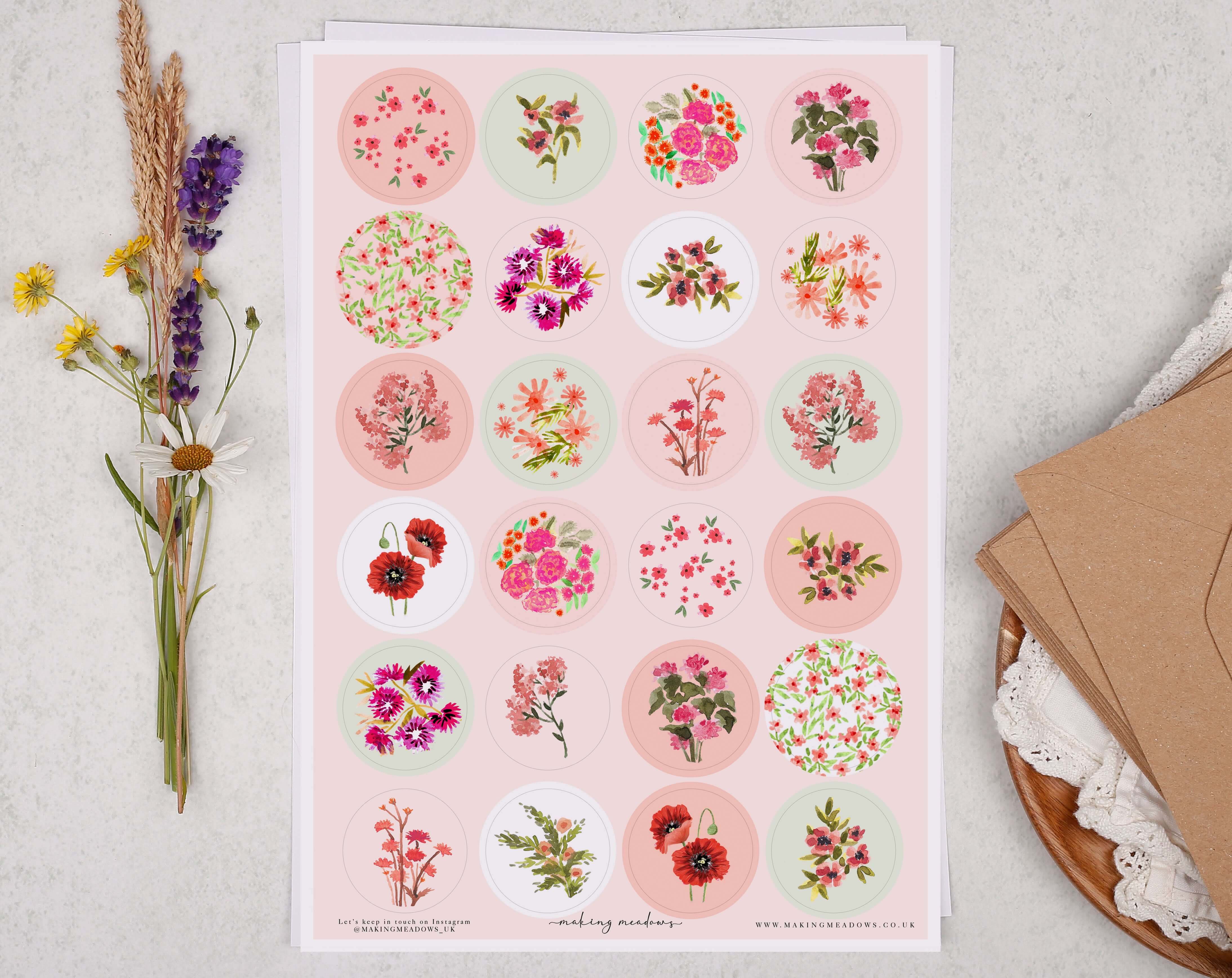 Pink Floral Sticker Sheet. Decorative Stickers designed by Making Meadows
